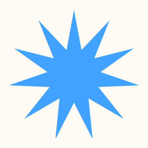Blue starburst shape with multiple points on a light background.