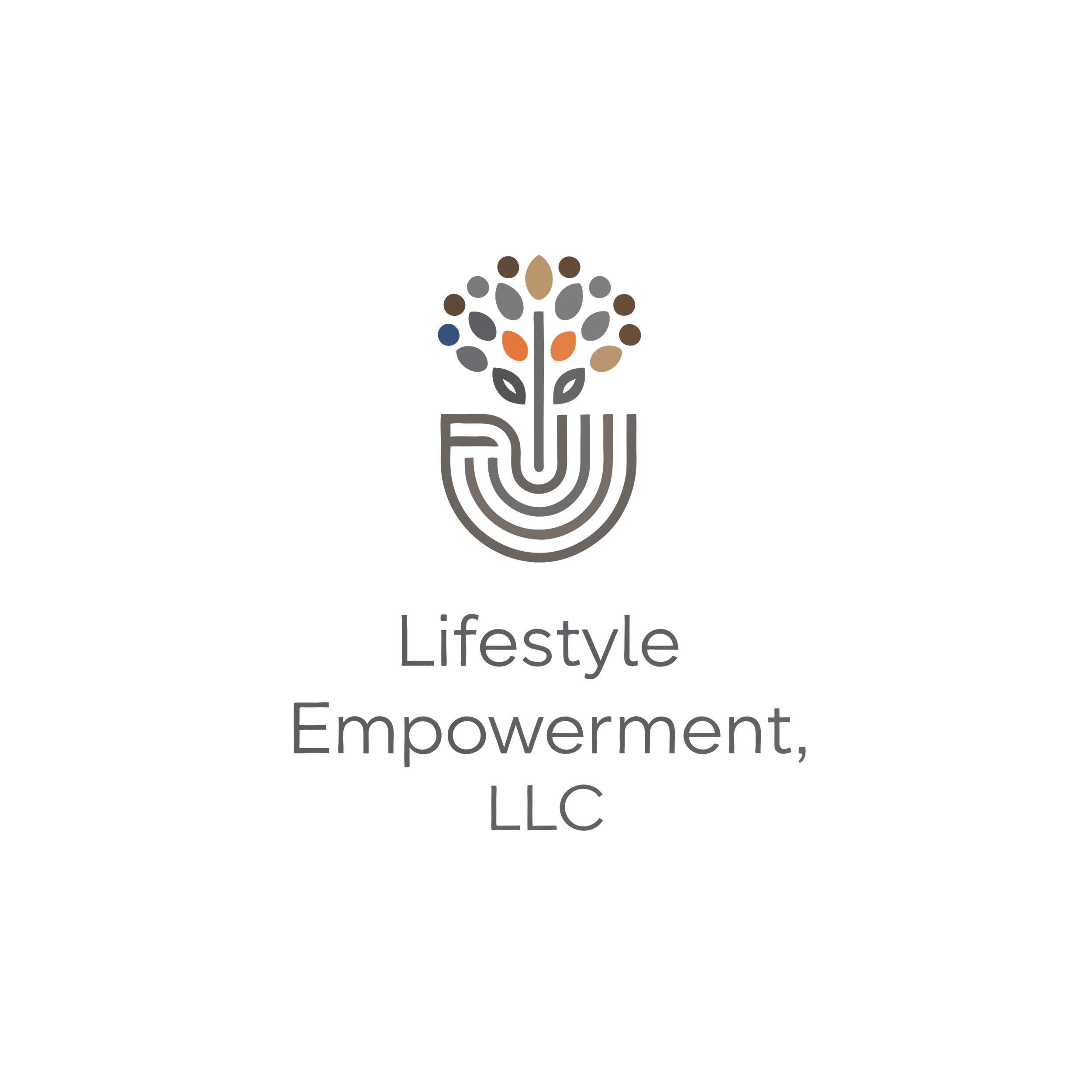 Logo for Lifestyle Empowerment, LLC featuring a stylized tree with colorful leaves above a fingerprint design.