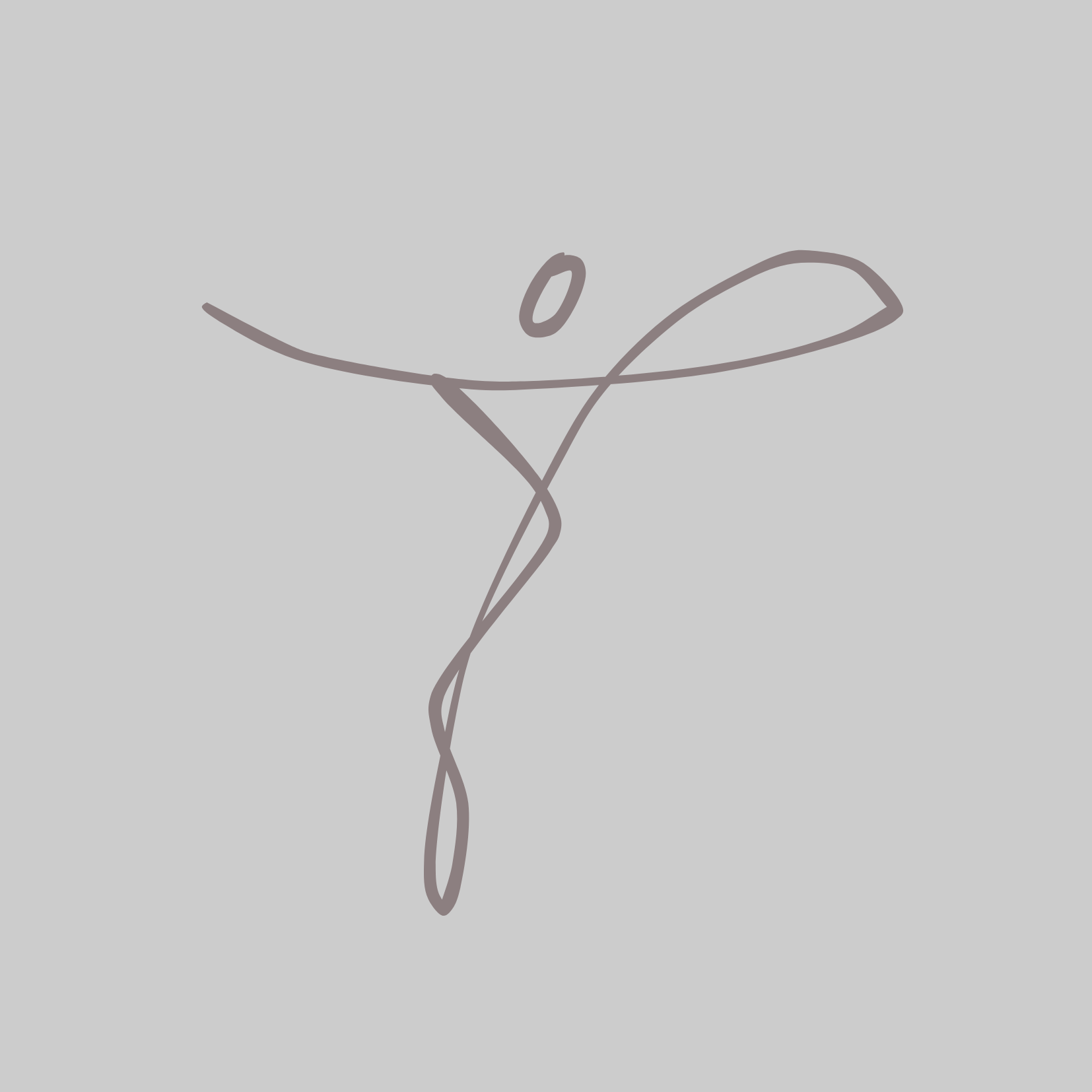 Desenho minimalista de uma pessoa com braços abertos e corpo curvado, representando liberdade ou alegria.