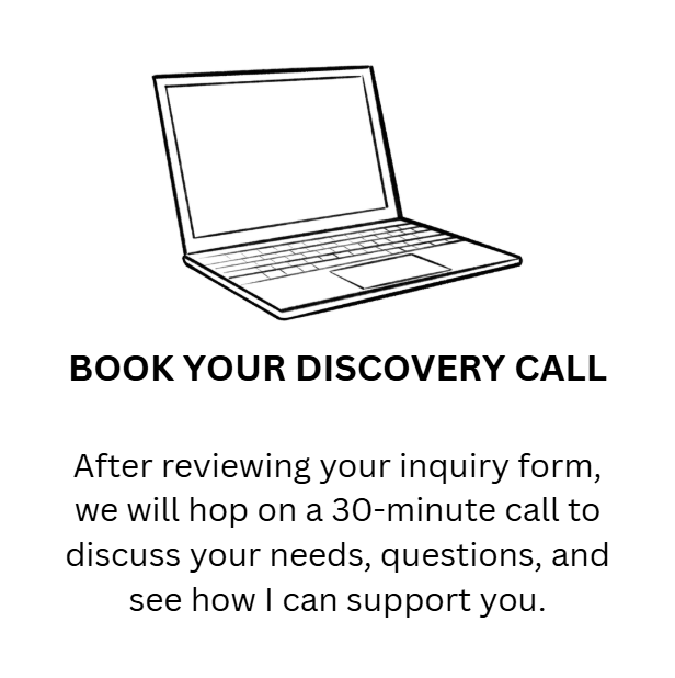 Outline drawing of a laptop computer promoting booking a discovery call for consultation.