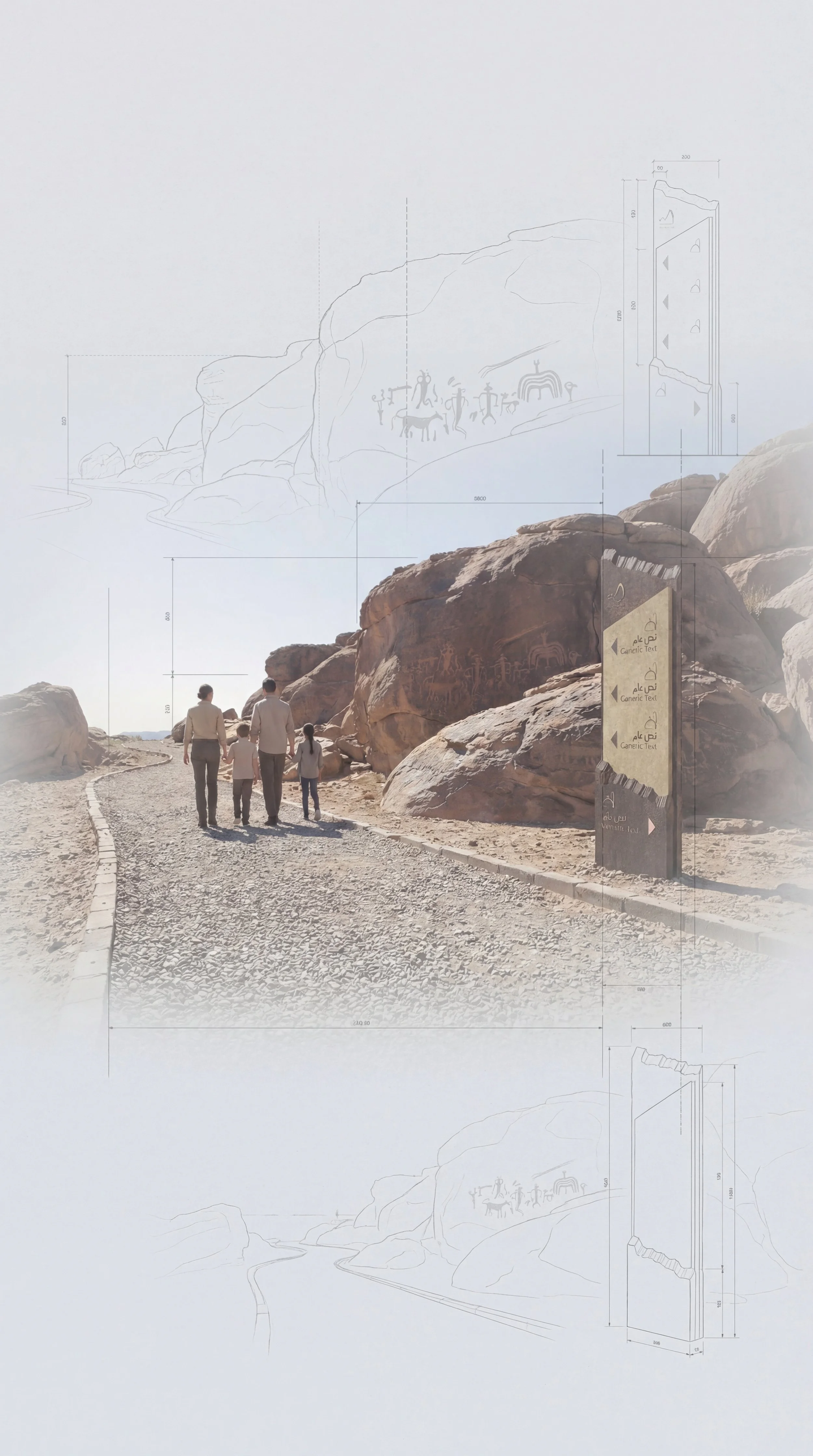 A family of four walking on a gravel path in a desert landscape with large rocks, with a blueprint overlay of a signpost showing directions and information.