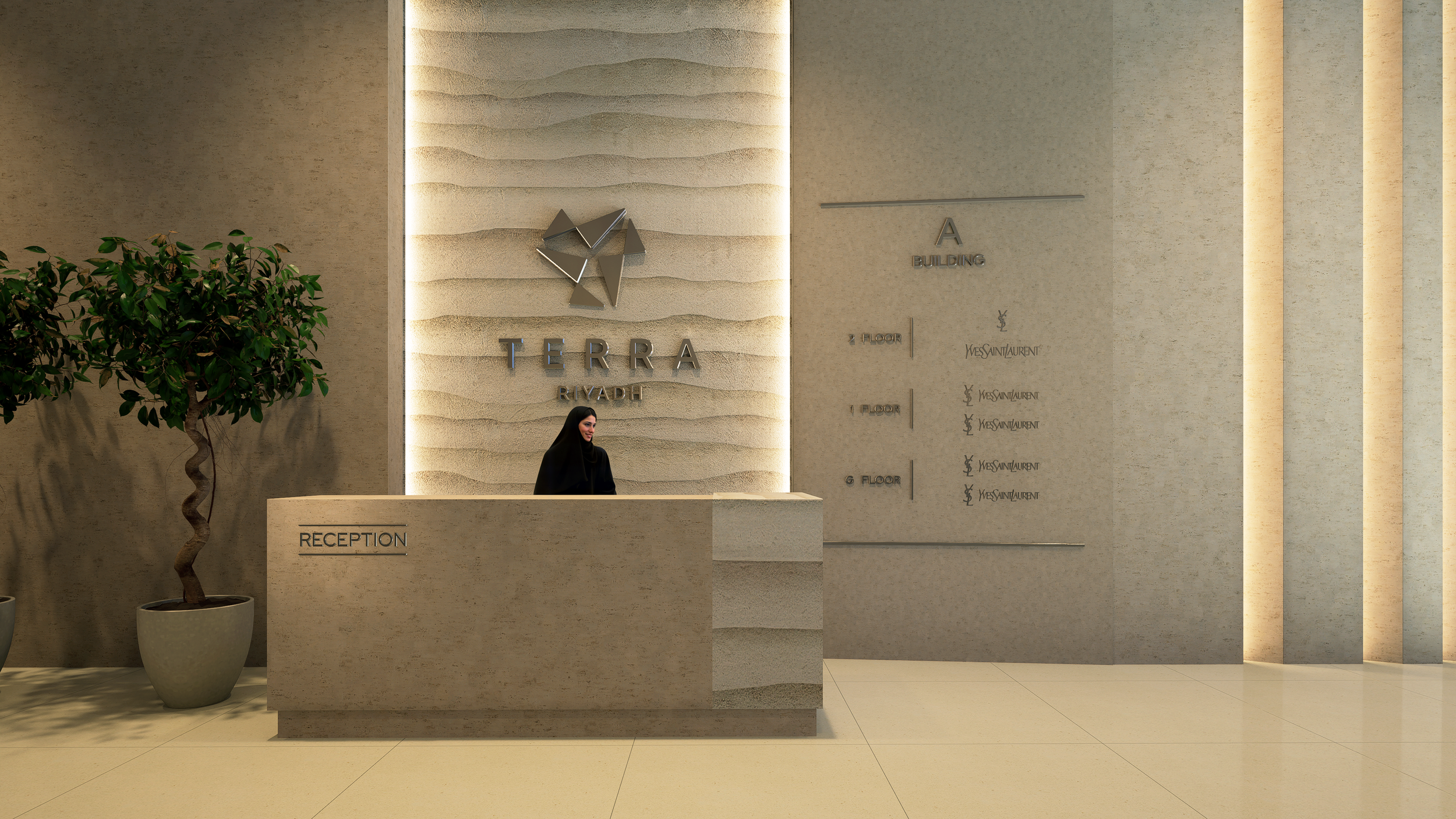 Modern hotel lobby reception area with beige textured walls, a sleek desk labeled Reception, a woman in a black hijab smiling behind the desk, and a large potted plant with twisted trunk on the left. The background features the Terra Riviera logo with metallic accents and a wall-mounted directory listing Yves Saint Laurent stores on multiple floors.