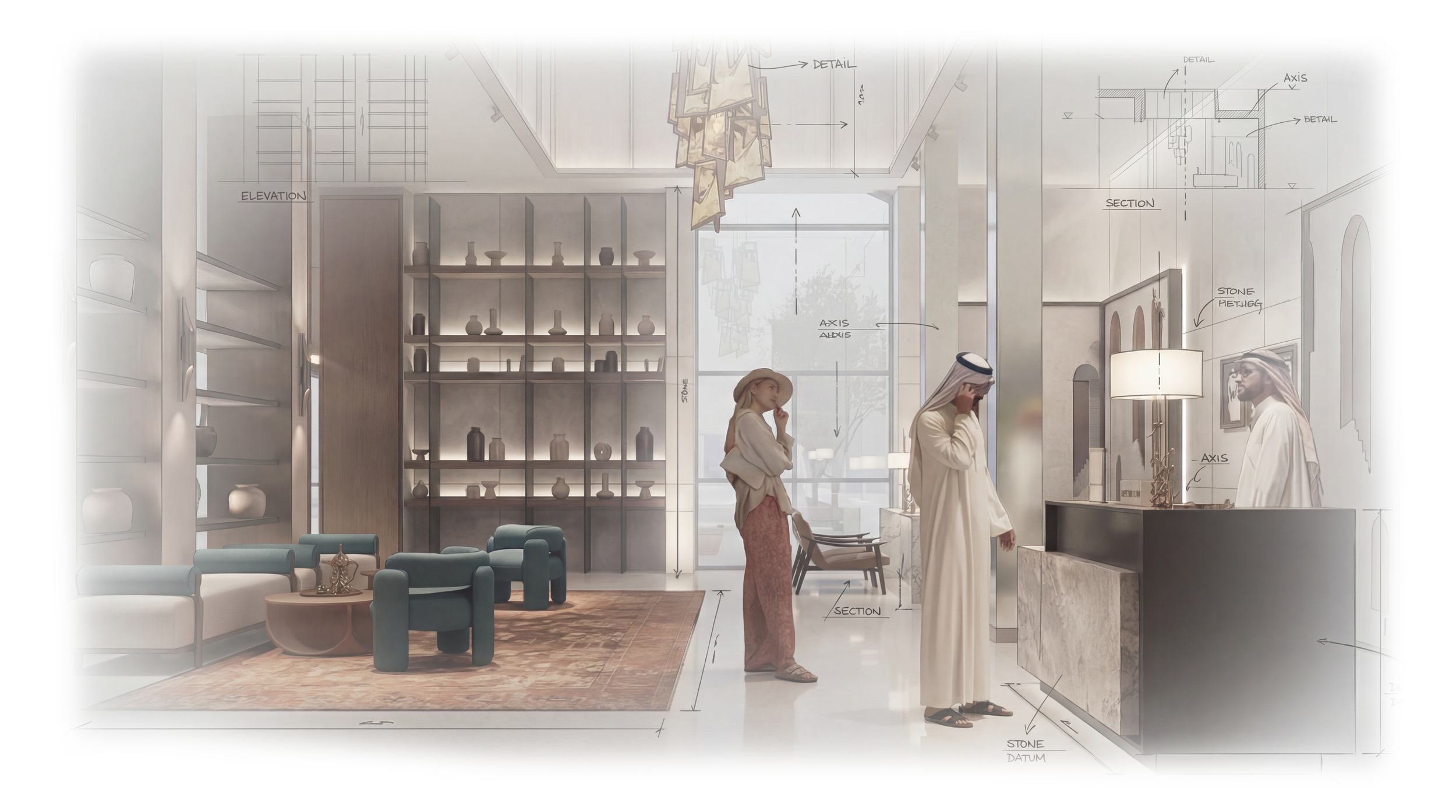 Architectural rendering of an interior space with shelves, seating, a rug, and people. Technical annotations and labels indicate dimension lines, details, sections, and materials like stone and marble.