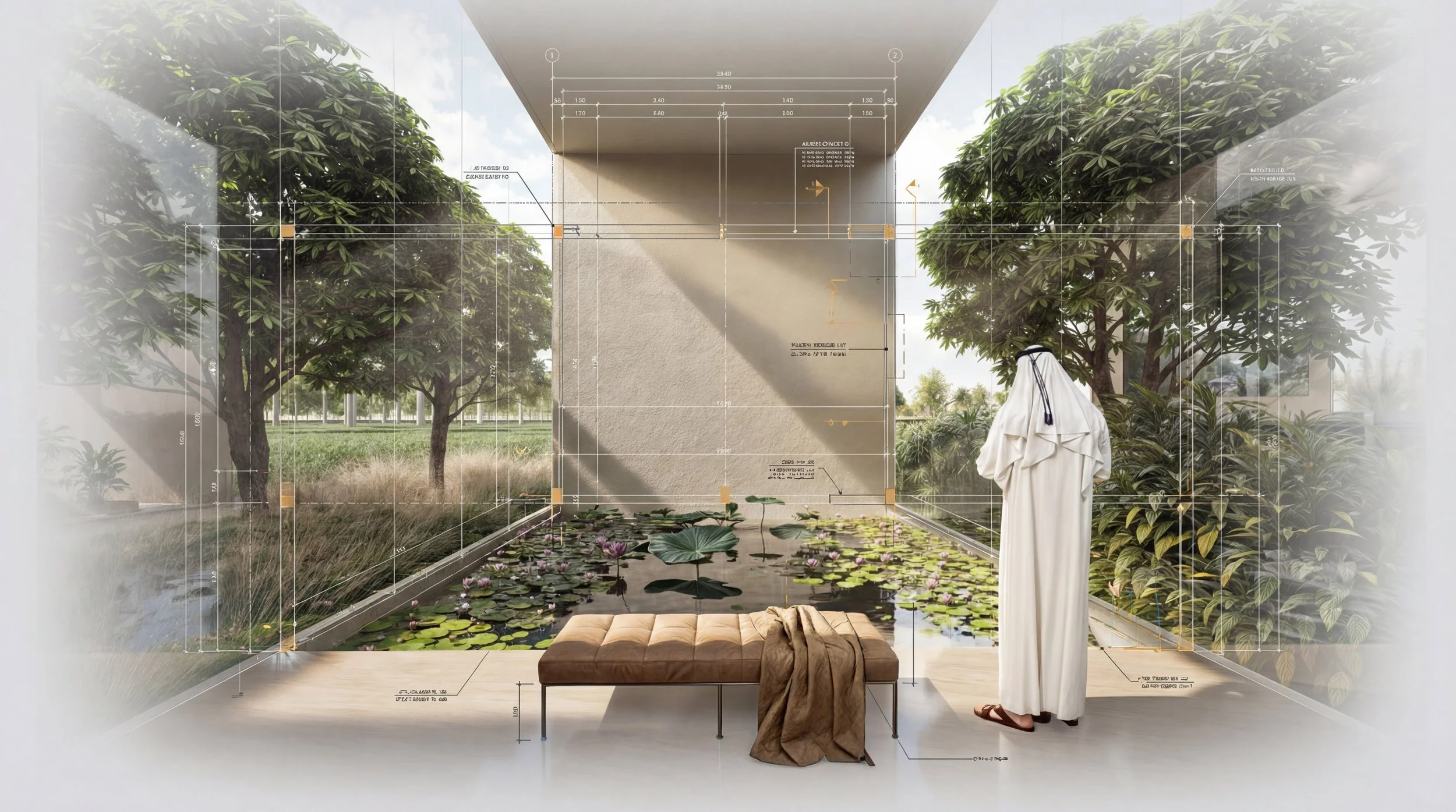 Interior of a modern building with glass walls overlooking a pond with water lilies and greenery, featuring architectural diagrams and measurements superimposed on the window, a brown bench with a draped cloth, and a person in white traditional clothing standing near the window.
