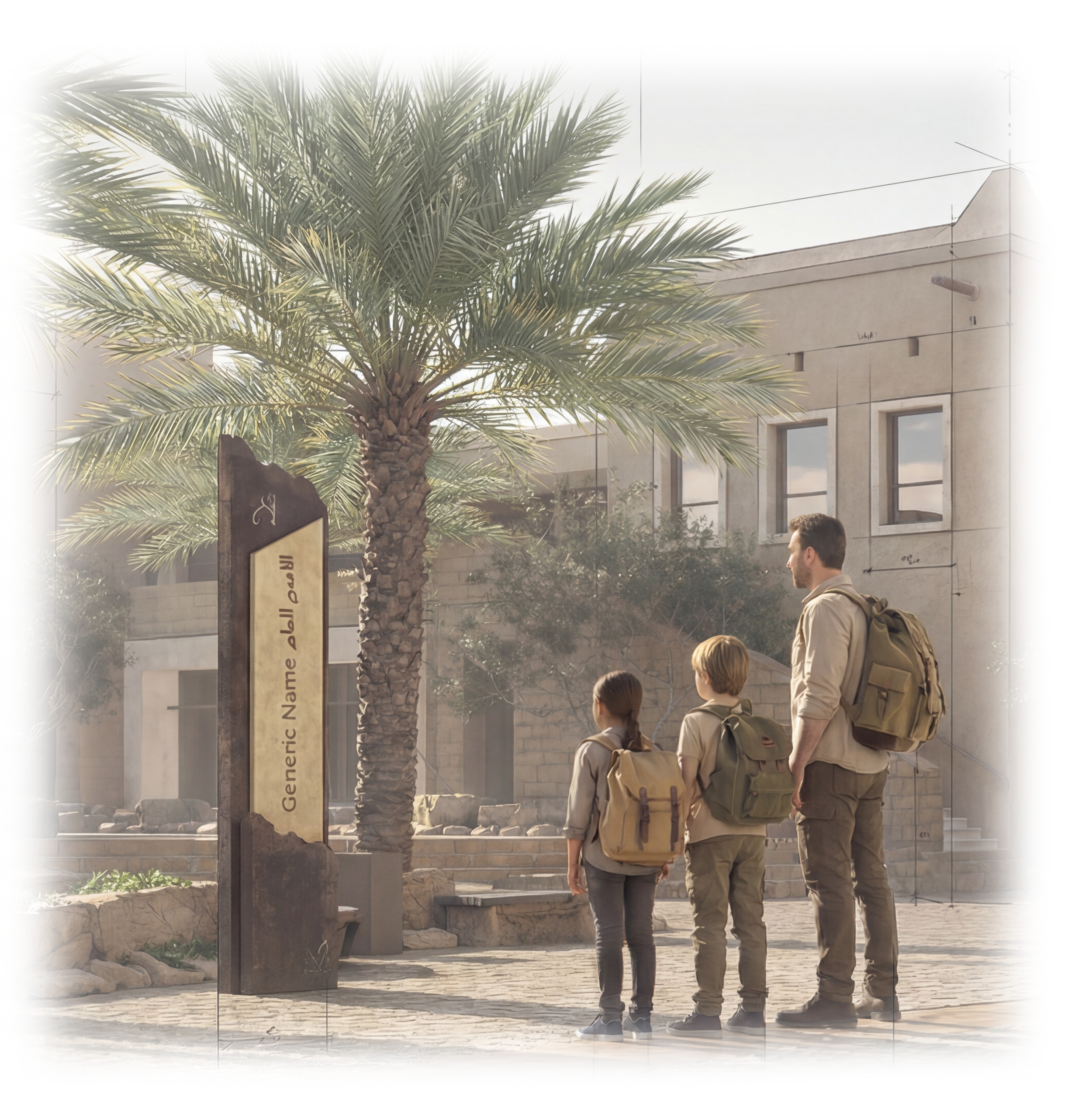 A man and two children with backpacks walking past a sign that says "Generic Name Road" next to a palm tree in an urban area with modern buildings.