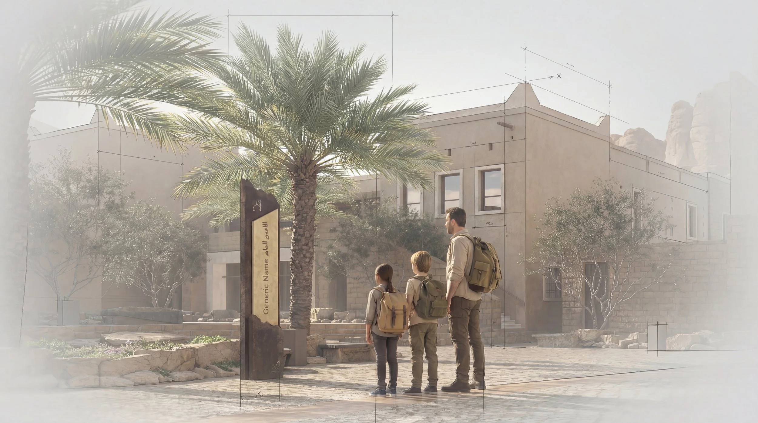 Three people with backpacks standing on a paved walkway near a palm tree and a sign, in front of a beige stone building, with rocks and trees around, in a desert-like environment.