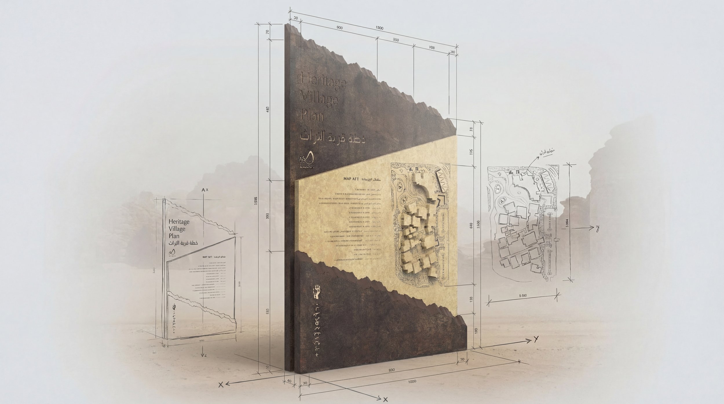 Architectural model and drawings for a heritage village plan, featuring a large vertical display with measurements and a detailed map, including Arabic and English text.