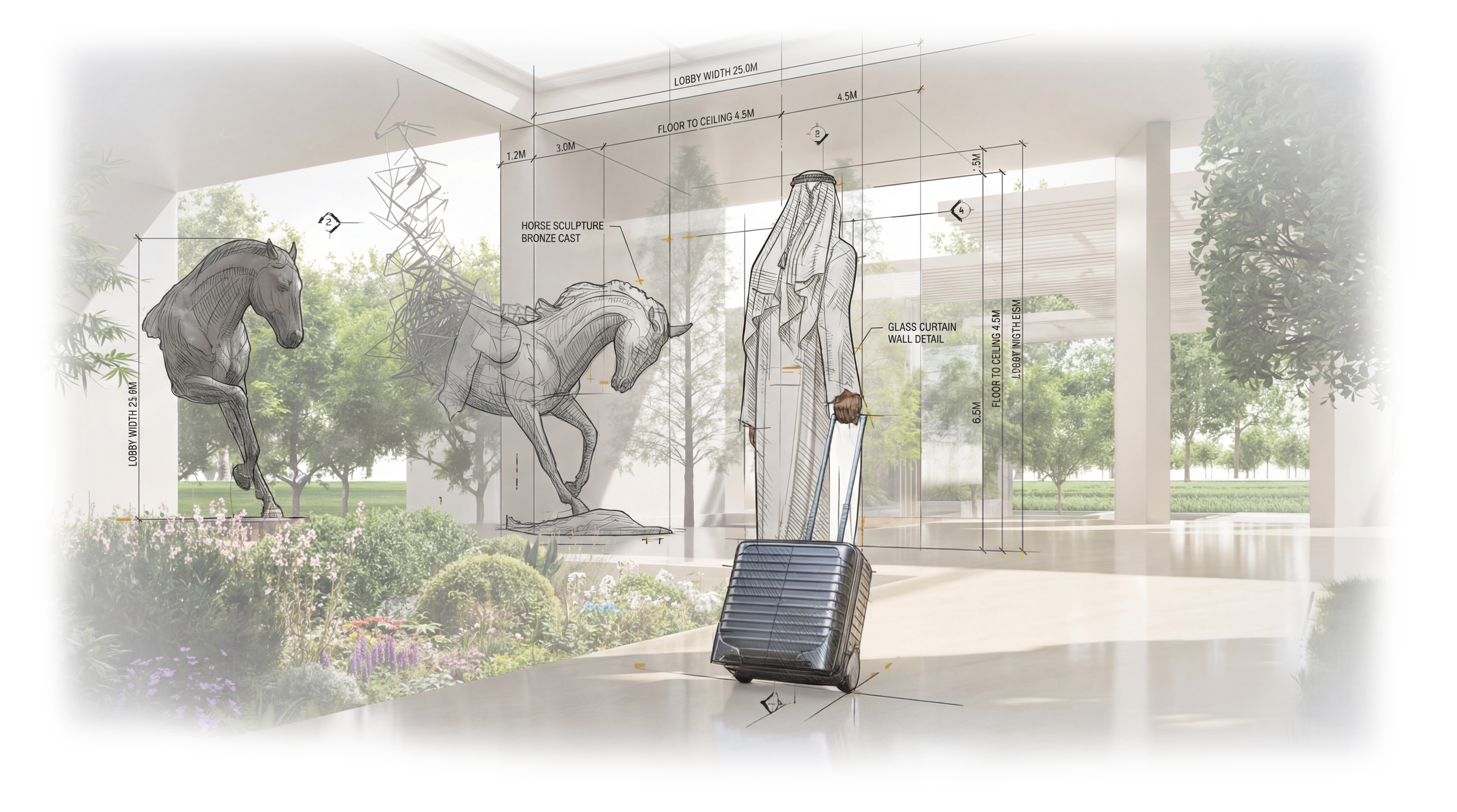 Architectural rendering of a modern building interior with glass walls, showing sketches of horses, a sculpture, a glass curtain wall detail, and a suitcase in the foreground, with outdoor trees visible through large windows.