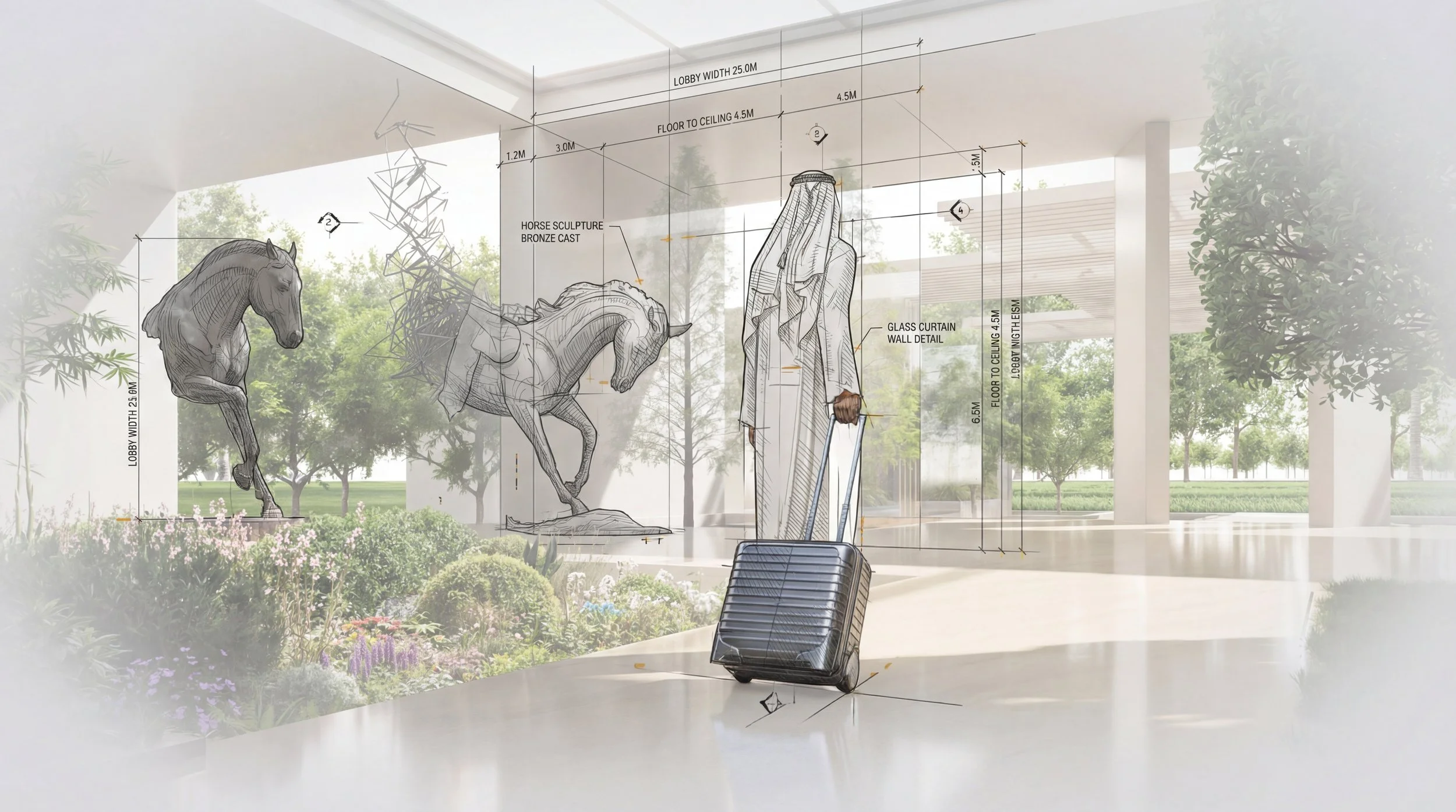 Render of an architectural design featuring wireframe sketches of a horse sculpture, a person, and detailed specifications, with greenery and trees visible through large windows.