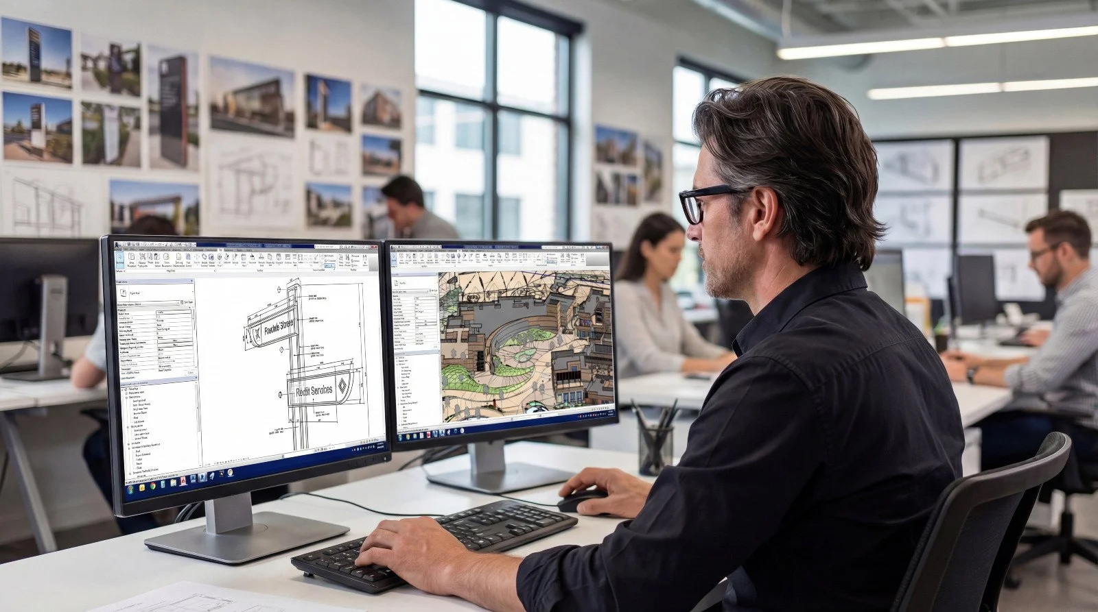 A man working on architecture designs on dual monitors in an office with other people working at desks.