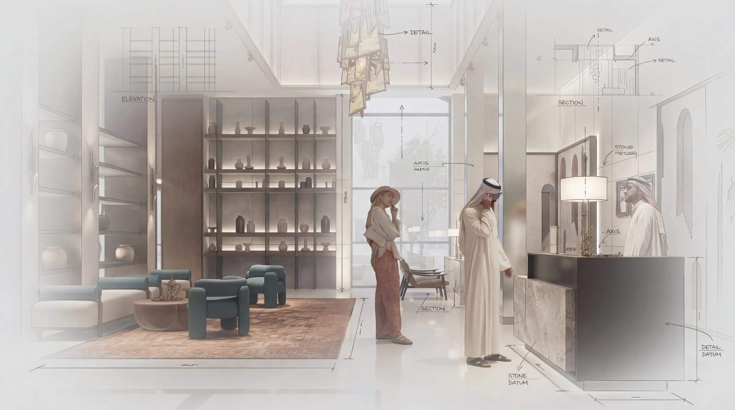 Architectural sketch of a modern interior space with furniture, shelves, and decorative elements, featuring three people in traditional Middle Eastern attire.