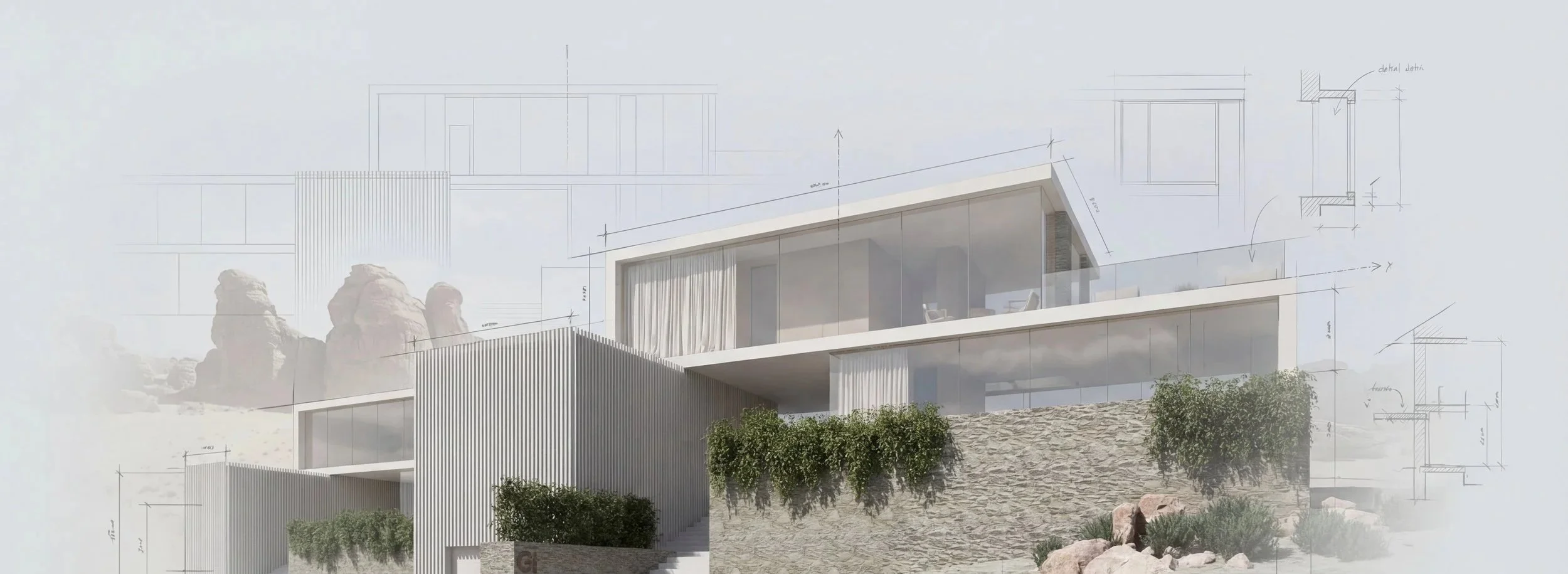A modern architectural rendering of a multi-level house with large glass windows, surrounded by rocky landscape and greenery, with architectural plans faintly overlaid in the background.