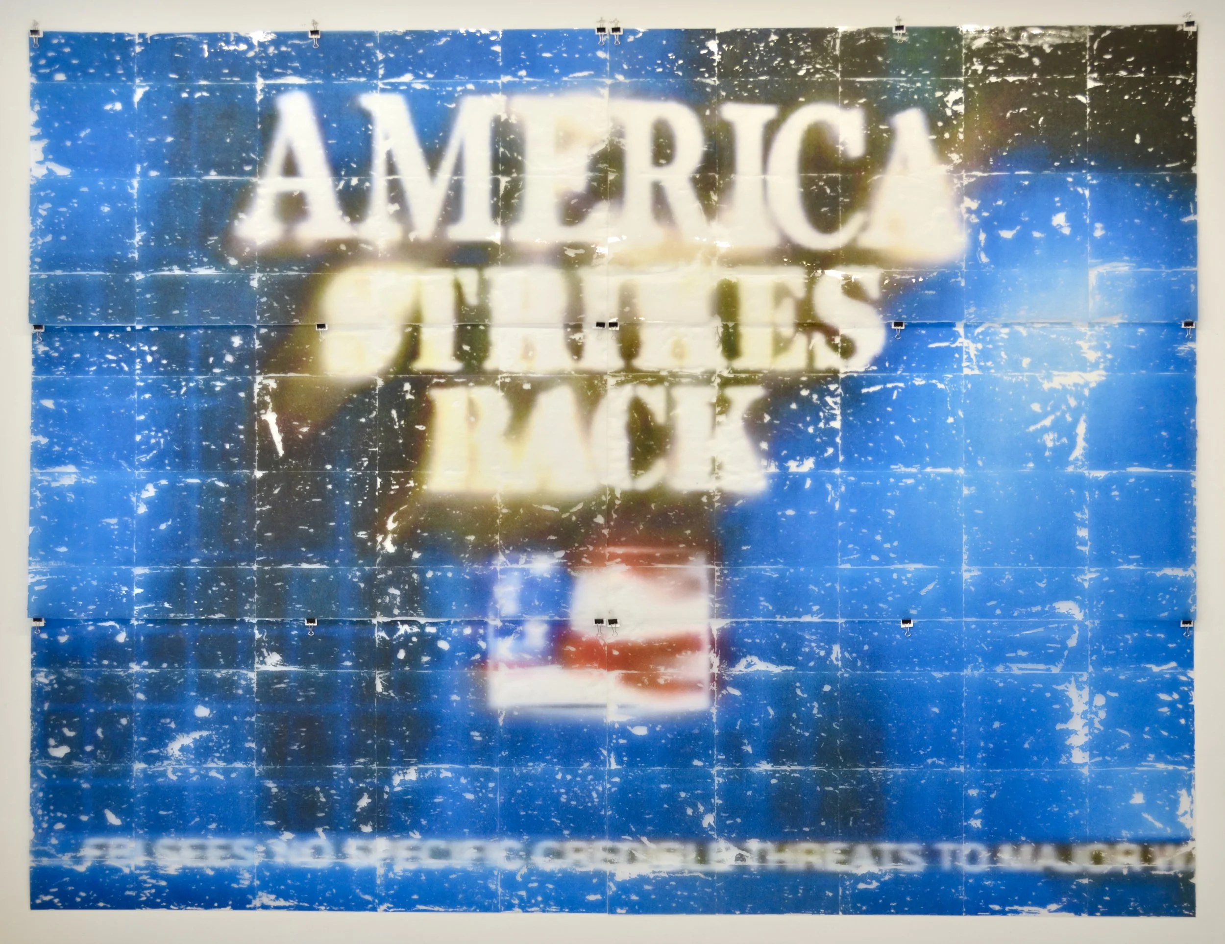 America Strikes Back, Laser toner and acrylic gel medium on polycarbonate, 73.5 in. x 97 in., 2018

