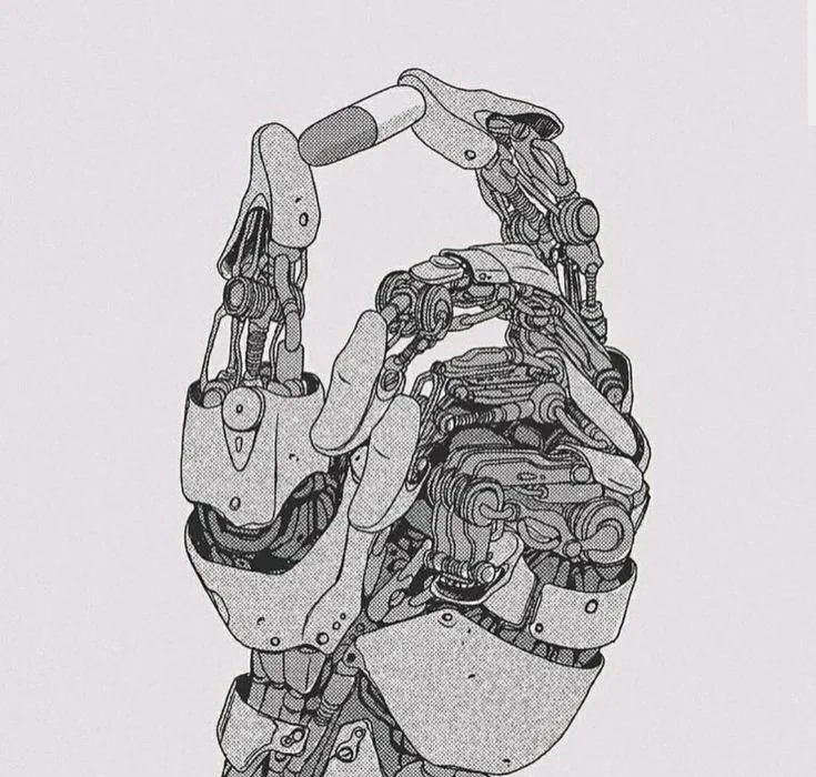 Sketch of a robotic hand making an 'OK' gesture.