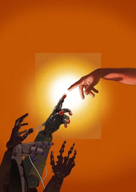 An illustration of a robotic hand reaching towards a human hand, with a glowing light in the background.
