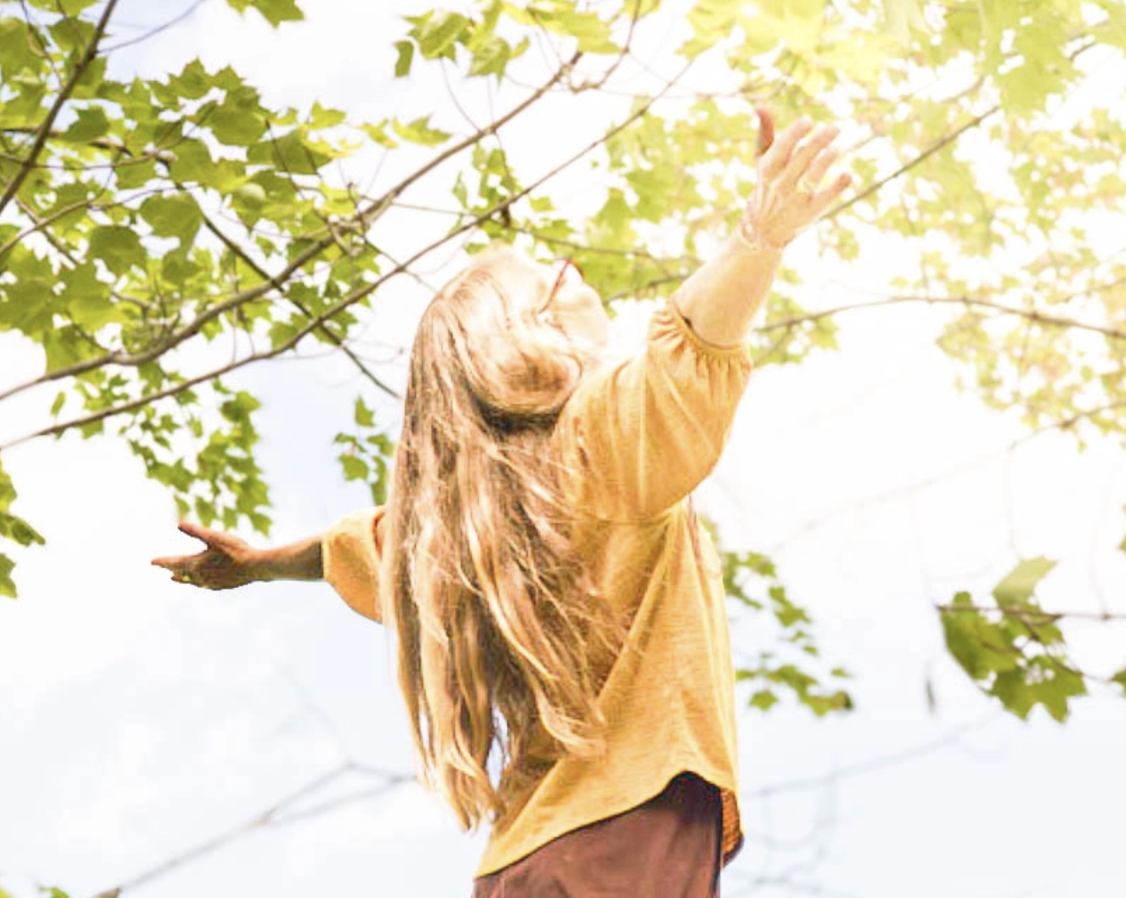 Kristin, founder of Lumina Life & Wellness Coaching, reaching toward the sunlight through green trees, symbolizing growth, hope, and personal transformation.