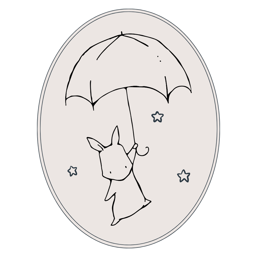 A cute drawing of a small dog holding an umbrella with stars around it inside an oval frame.