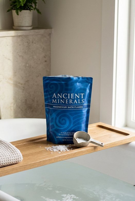 Bag of Ancient Minerals magnesium bath flakes on a wooden tray next to a small scoop and some spilled flakes, with a bathtub filled with water in the foreground.
