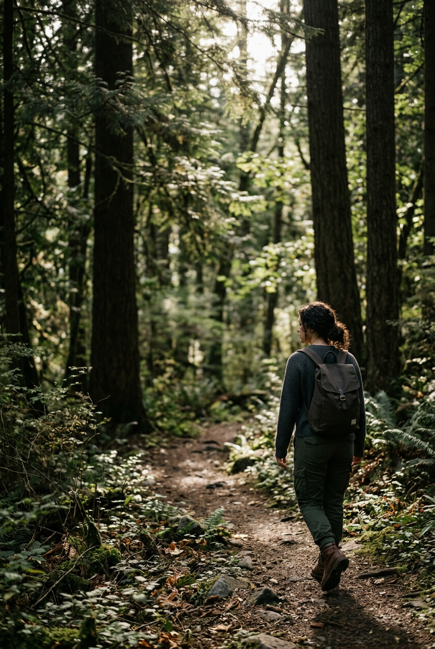 A person with dark curly hair walking on a forest trail with a black backpack, surrounded by tall trees and lush green foliage.
