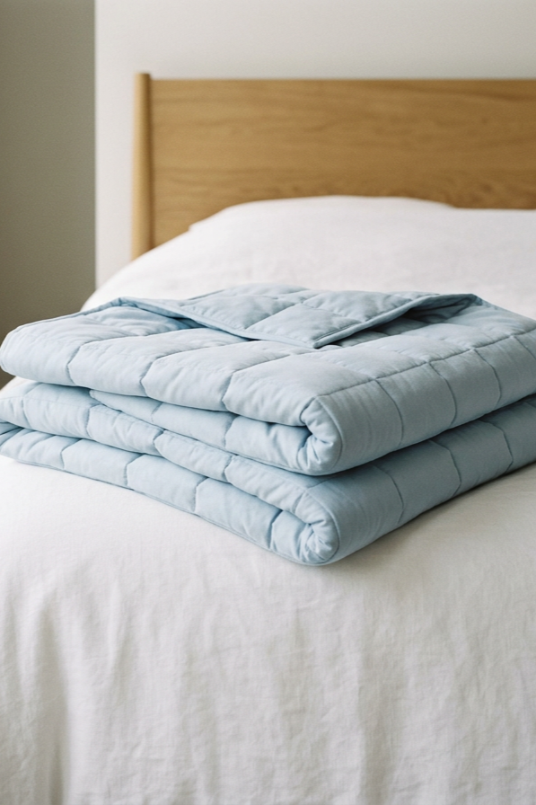 A neatly made bed with a folded light blue quilt on top, white sheets, and a wooden headboard in a bedroom.