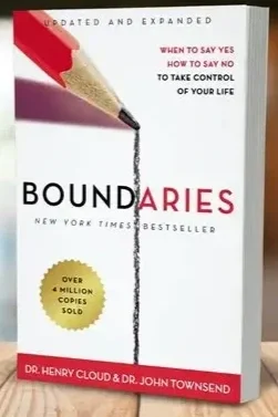 Book titled "Boundaries" by Dr. Henry Cloud & Dr. John Townsend, with a graphic of a pencil and a boundary line on the cover, promoting understanding of setting limits in life.
