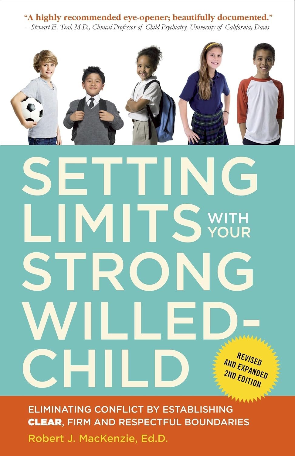 Book cover titled "Setting Limits with Your Strong-Willed Child" with a group of five children carrying backpacks and a soccer ball.