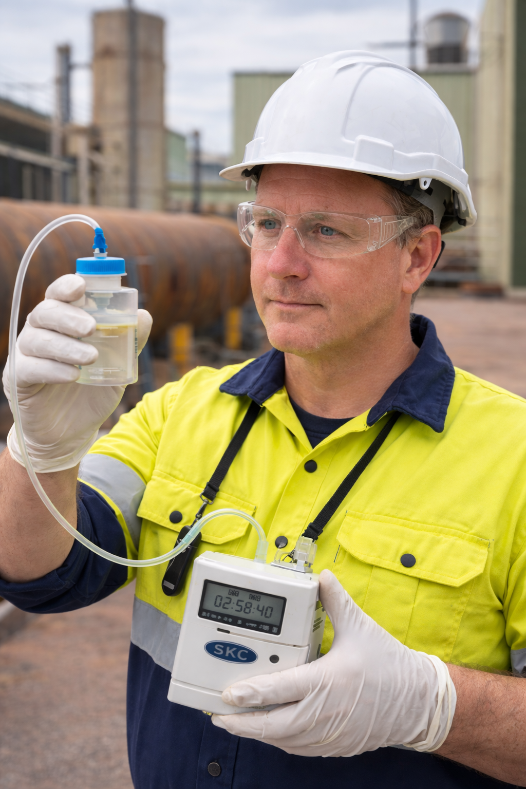 A man wearing a white hard hat, safety glasses, and a yellow high-visibility safety shirt holds a container of liquid with a tube attached, and a digital device displaying measurements, standing outdoors at an industrial site.