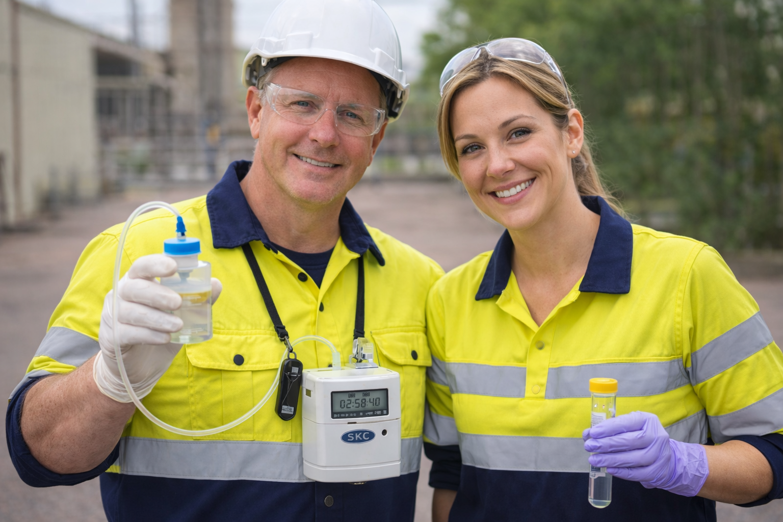 Two workers in yellow safety vests, safety glasses, and gloves are smiling and holding test tubes with liquid. One of them has a device around his neck and a timer around his neck. They are outdoors with trees in the background.