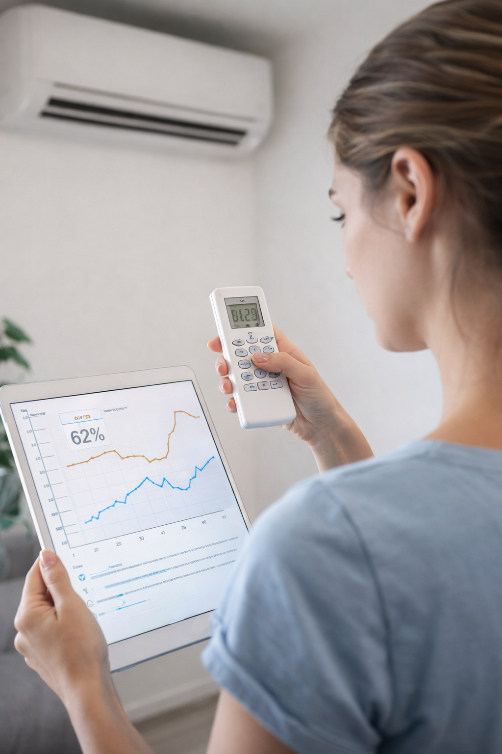 adjusting AC settings while reviewing humidity data on ipad to manage indore moisture and prevent mould growth