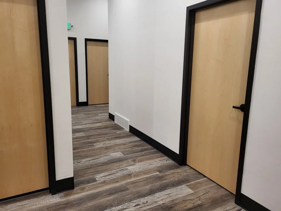 A hallway with wooden doors and black frames, light-colored walls, and wood-textured flooring.