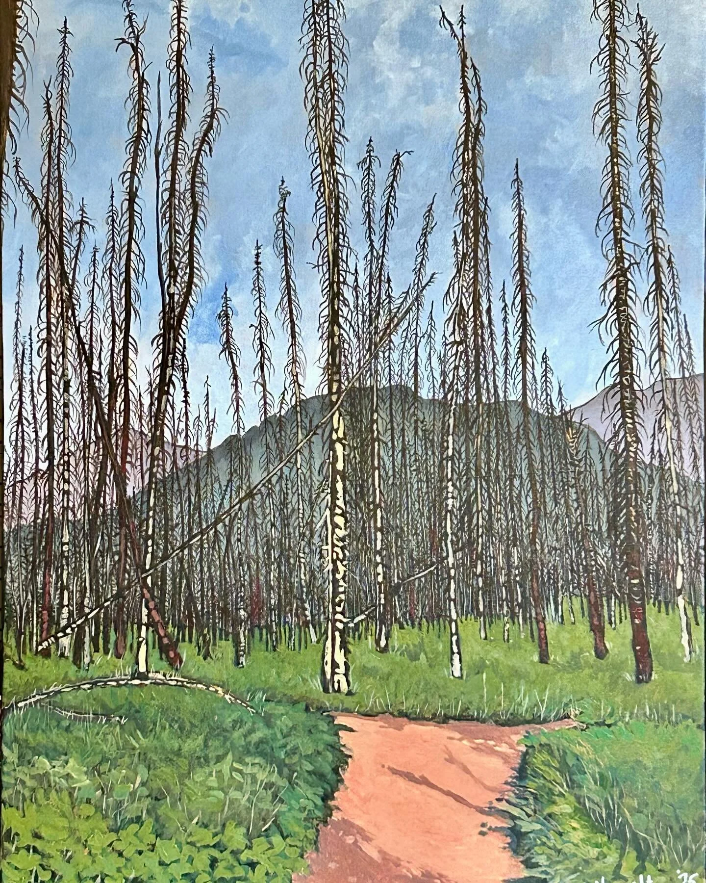 The first painting in what I am calling my &ldquo;Resurrection Series&rdquo;, in which I explore the reemergence of beauty and life from the depths of destruction. Mostly just pictures of how cool the forest looks a few years after a fire has swept t