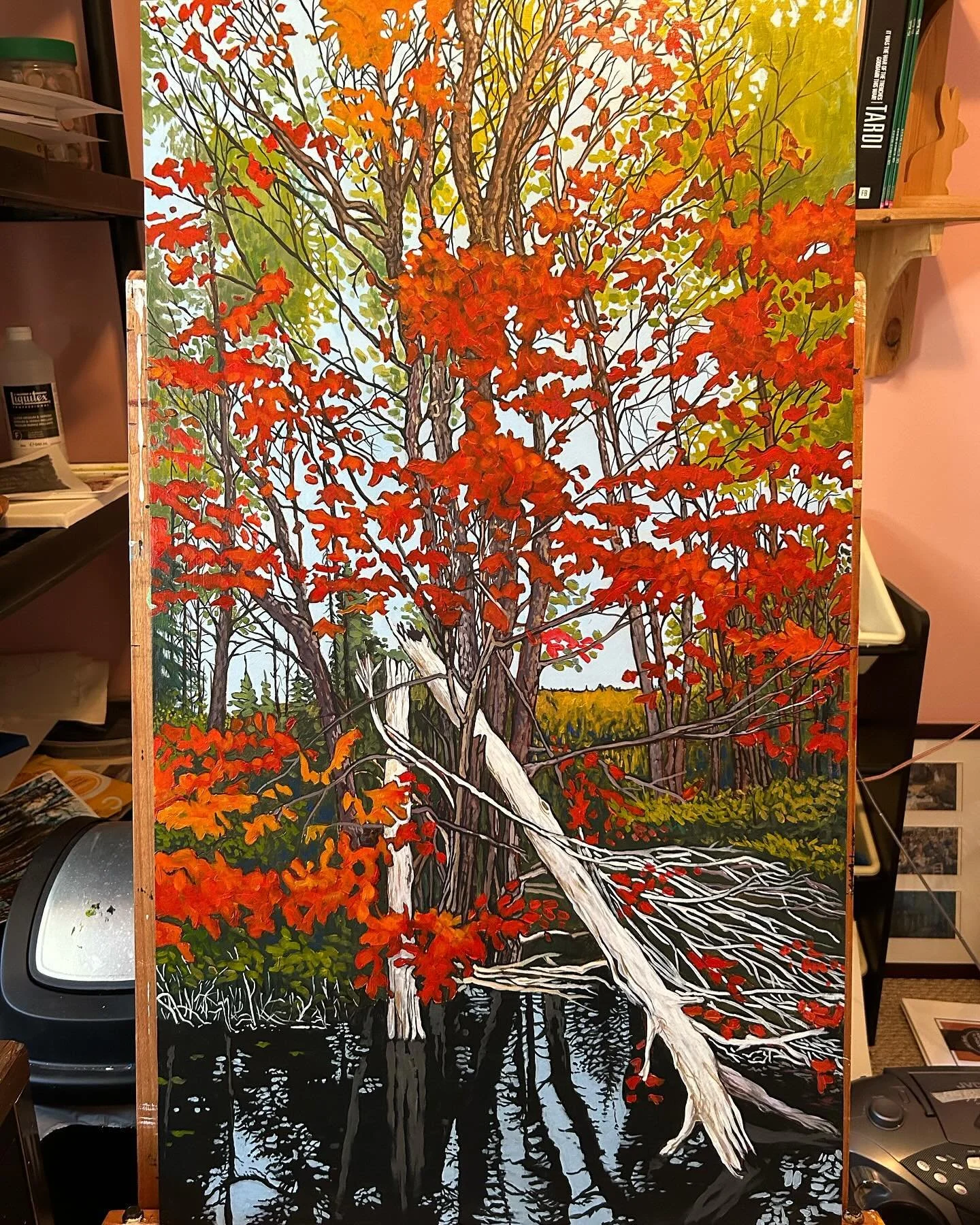 Autumn colours festoon a road side ditch in New Brunswick. Alright, that&rsquo;s a working title only, and I&rsquo;ll have to word smith it down to something more manageable. Painted in acrylic on maple plywood and measuring 33&rdquo; x 19&rdquo;.
