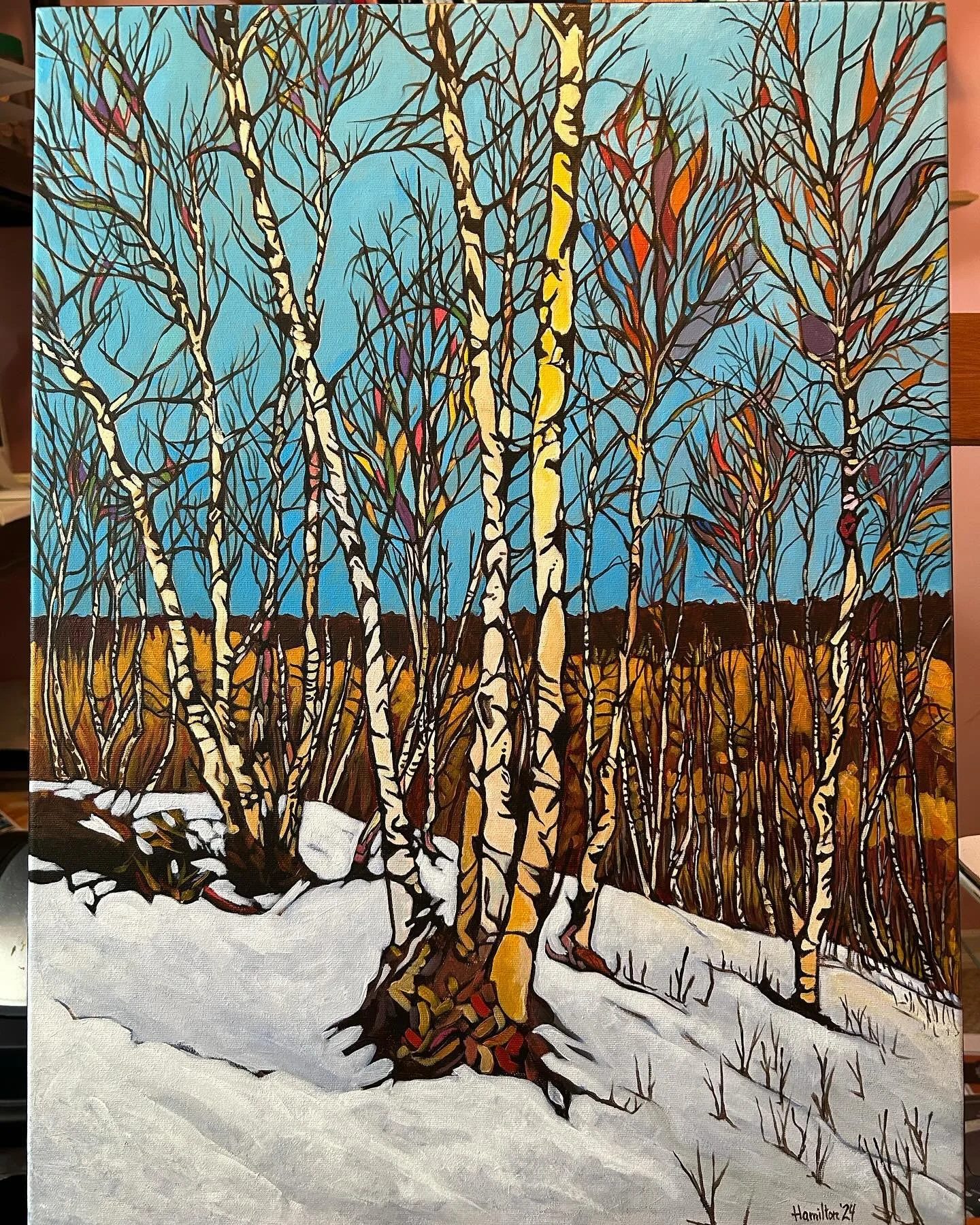 Spring Day in Edmonton&rsquo;s River Valley, 22x24 acrylic on canvas.