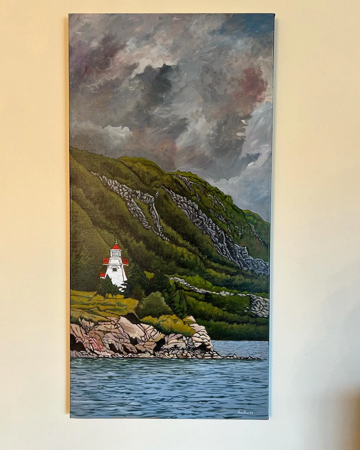 The latest in the series of canvases based on our Eastern Maritime journey during the autumn of 2023. Entitled &ldquo;Lighthouse at Bonne Bay, NFLD&rdquo; it measures 36&rdquo; x 15&rdquo; and is painted using acrylics on canvas. See it live this wee