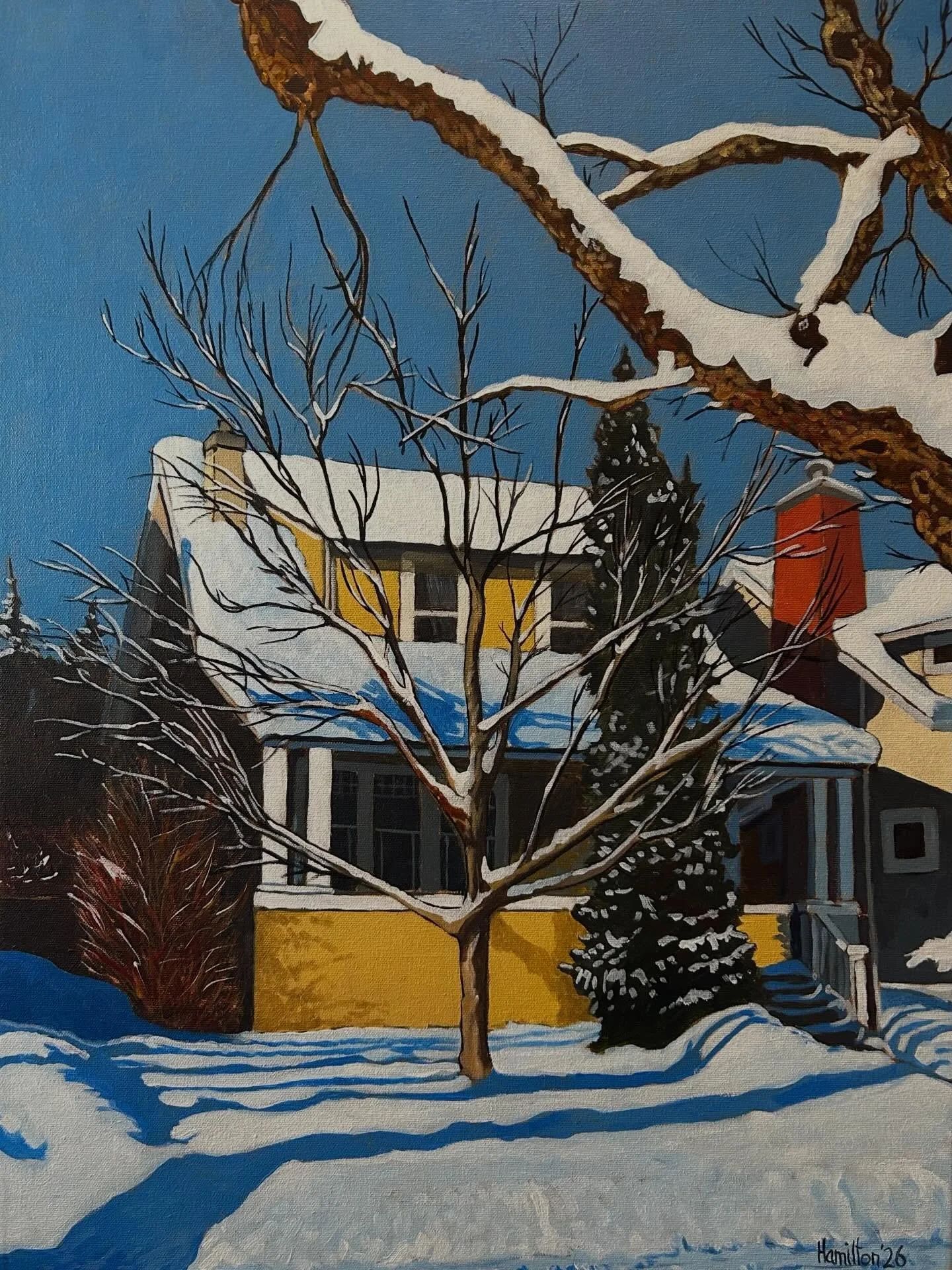 I don&rsquo;t know what to entitle this one. Took the picture of this house while walking through the Westmount neighbourhood in early January , when the sun was bright and the temperature well below freezing. 18&rdquo;w x 24&rdquo;h, acrylic on canv