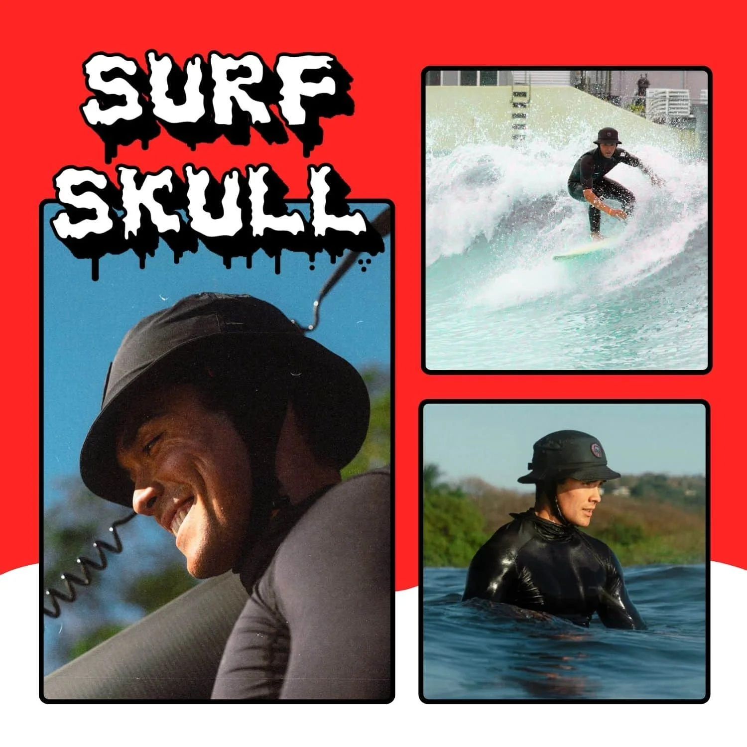 Amazon listing image for Surf Skull: a smiling surfer in a bucket hat beside surf action photos on a red background