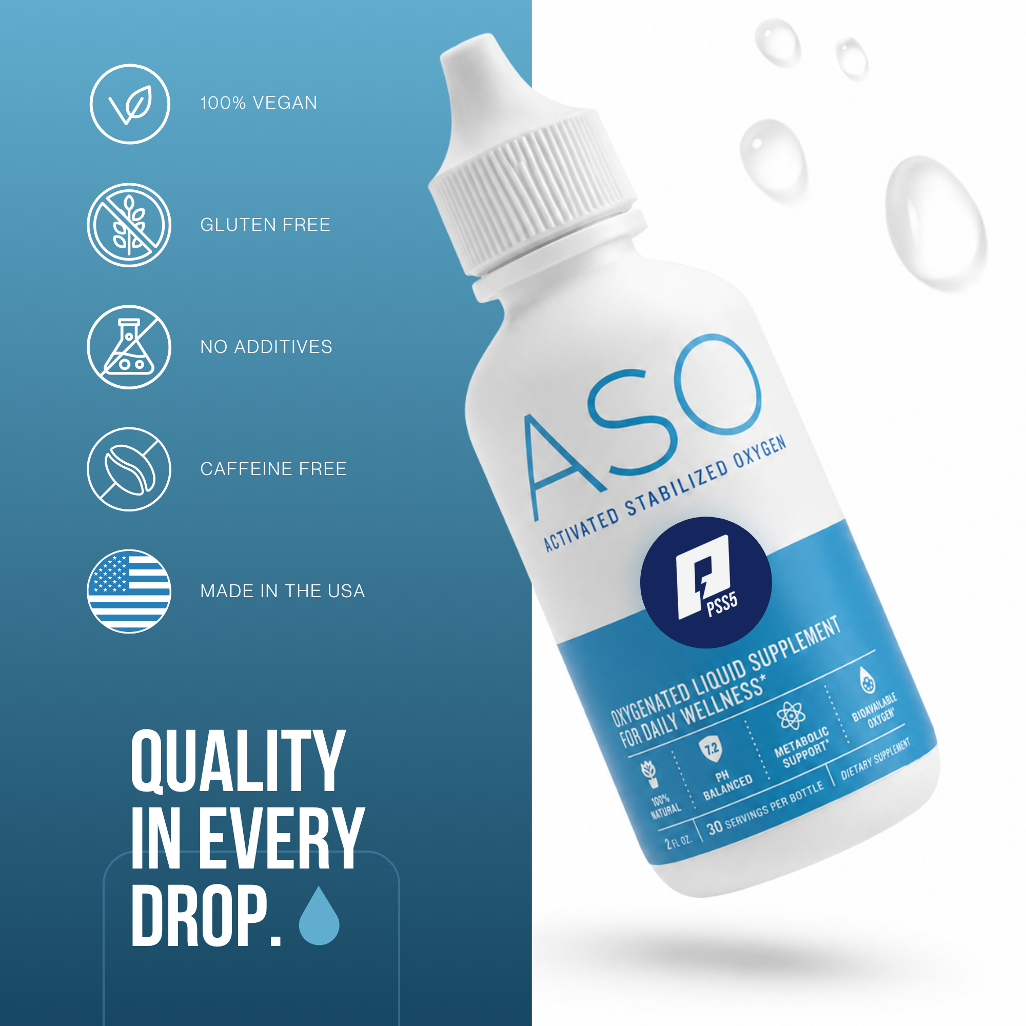 A bottle of oxygen supplement with icons indicating it is vegan, gluten-free, free of additives, and made in the USA. The background promotes quality and wellness, and the bottle has a label with specifications, including 2 fl oz capacity and 30 servings.