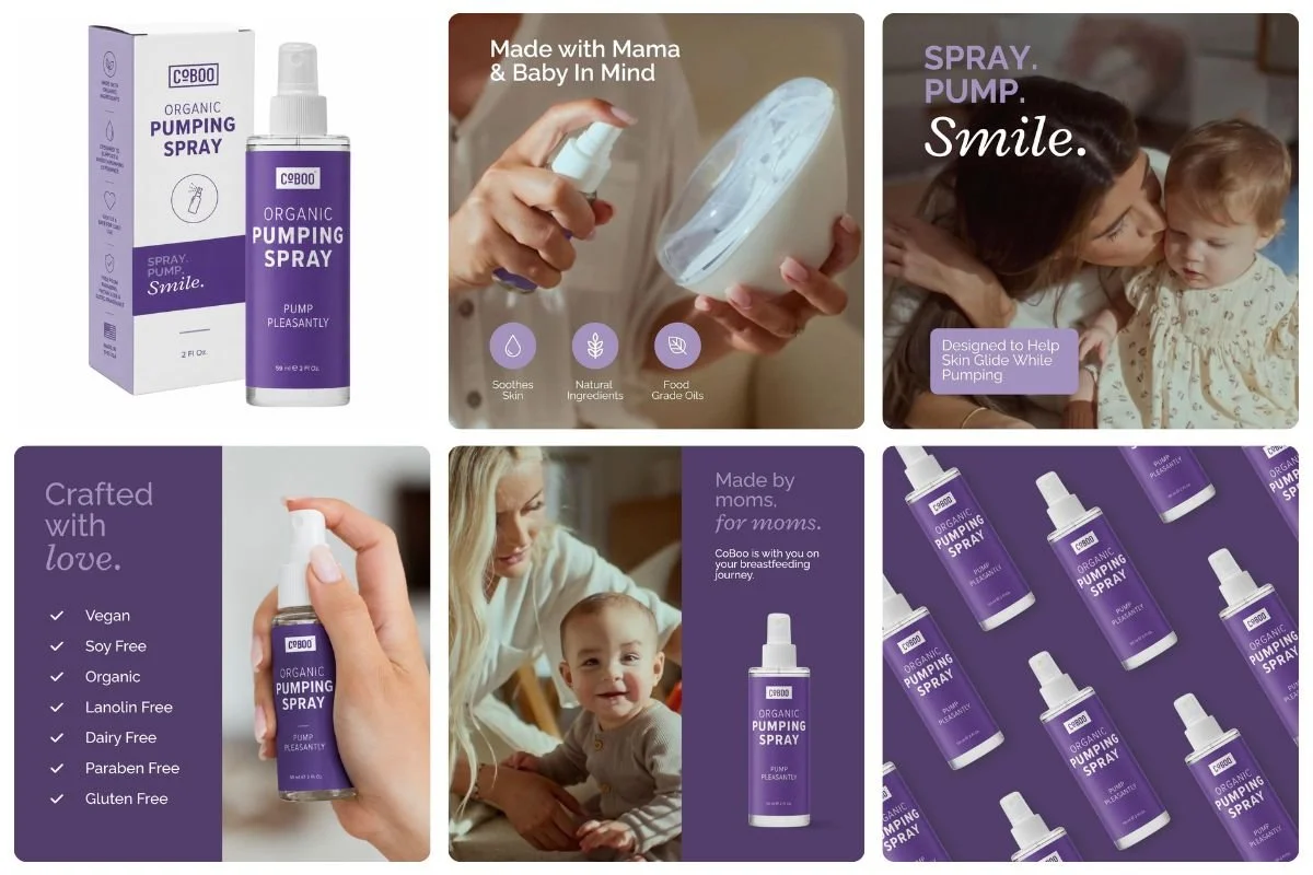 Collage of images featuring CoBoO organic pumping spray, a woman spraying the product, a mother with her baby, and repeated images of the purple spray bottle. Text highlights that the product is made with love, vegan, soy free, organic, lanolin free,