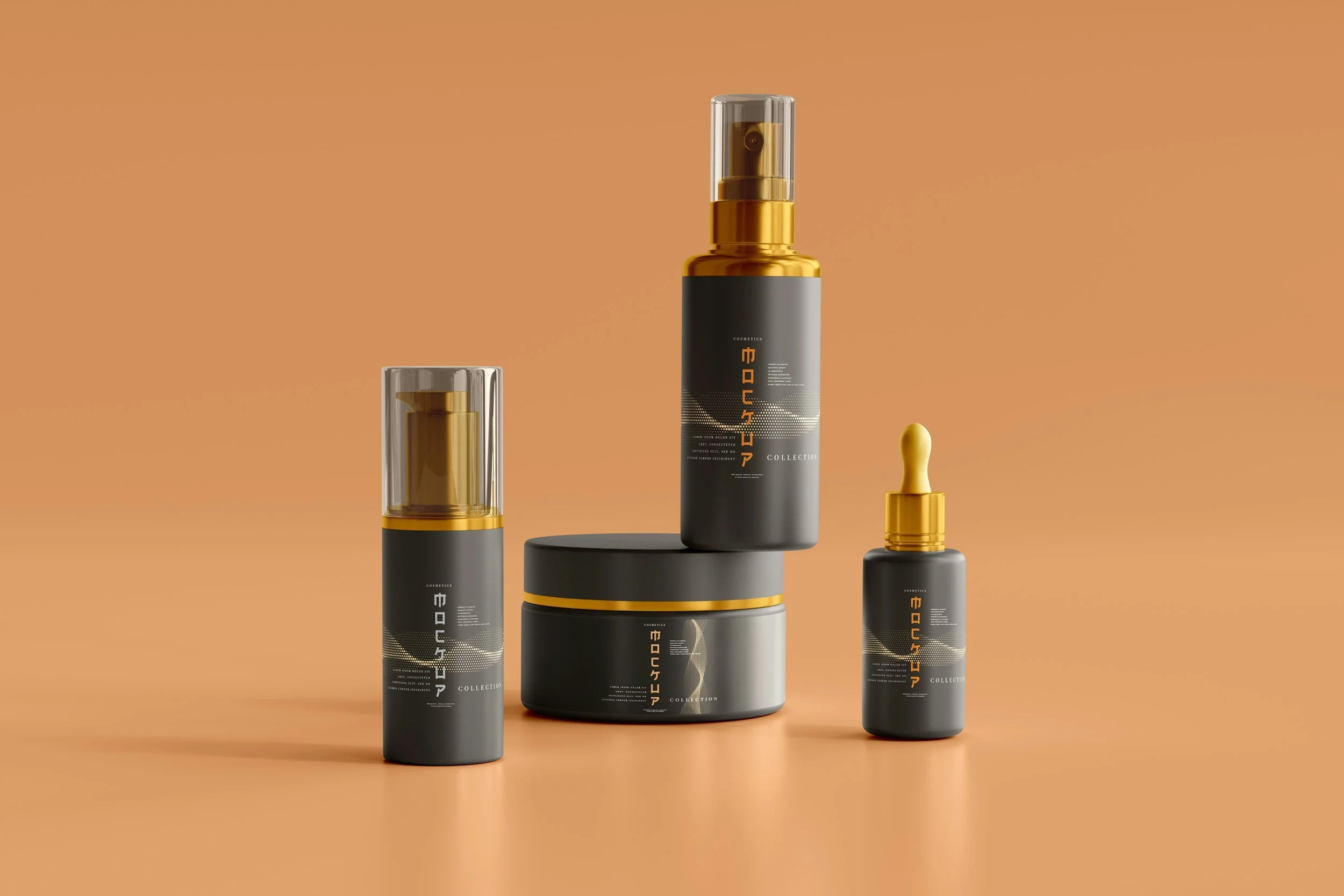 A collection of black and gold cosmetic bottles and jars with modern design, set against a beige background.