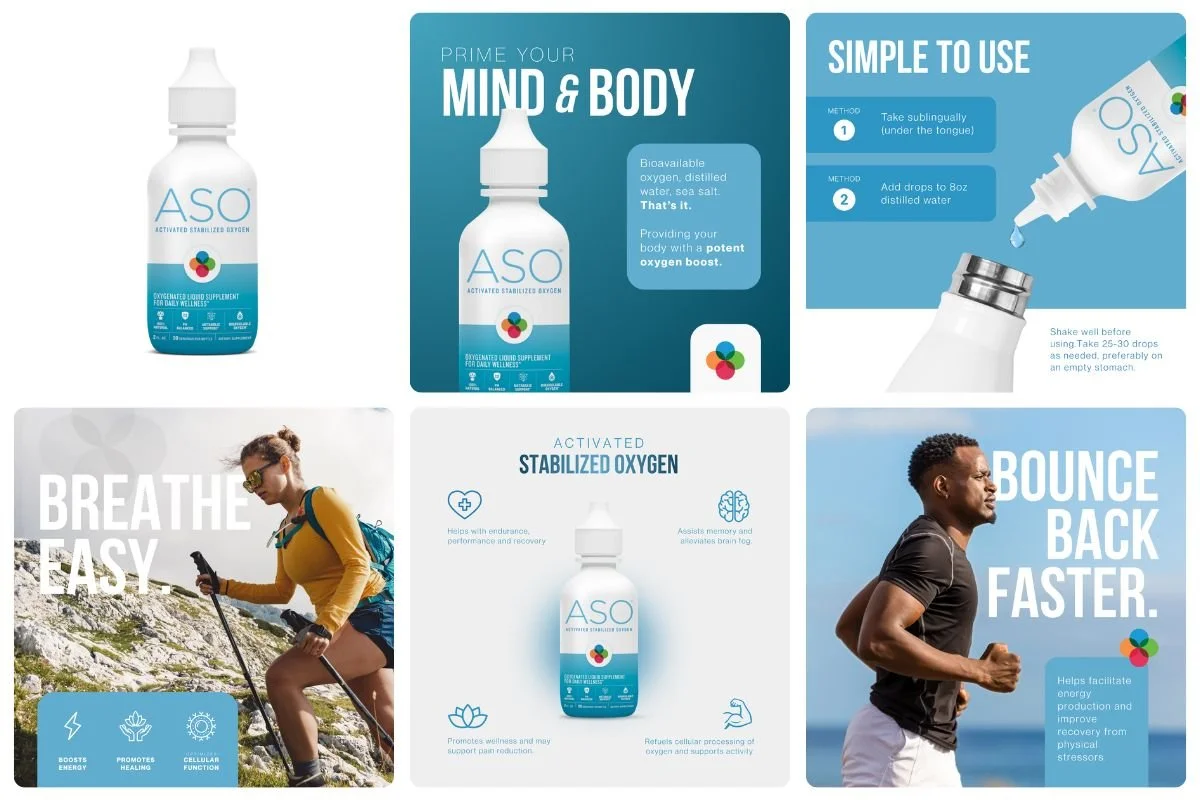 An advertisement for ASO activated stabilized oxygen supplement featuring product images, usage instructions, and benefits such as boosting energy, promoting healing, aiding memory, and supporting cellular function. Includes outdoor scenes of a woman