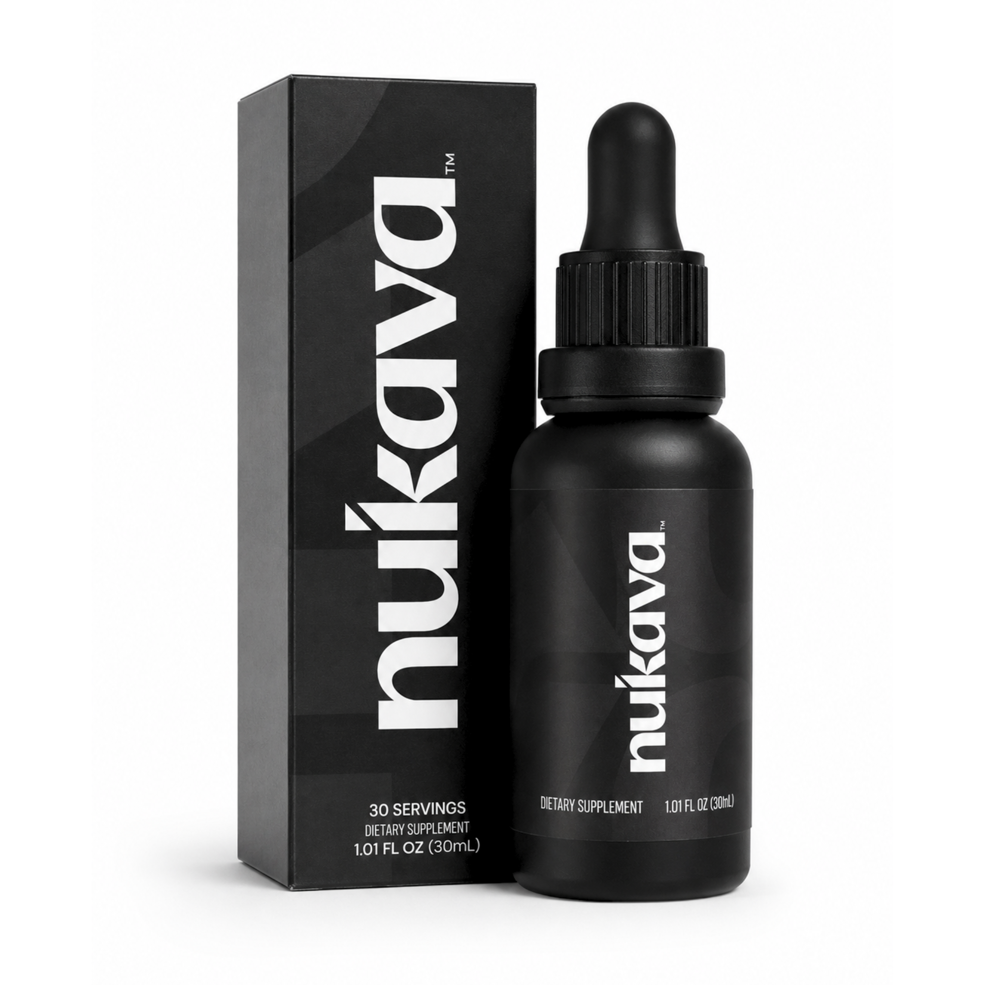 Black dietary supplement dropper bottle next to its black box packaging, both labeled with large white text, indicating 30 servings and 1.01 fl oz capacity.