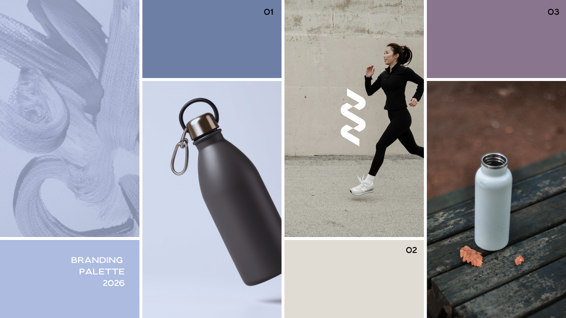Collage of branding and fitness items including paintbrush strokes, a gray water bottle with a carabiner, a woman jogging outdoors, and an empty white water bottle on a bench.