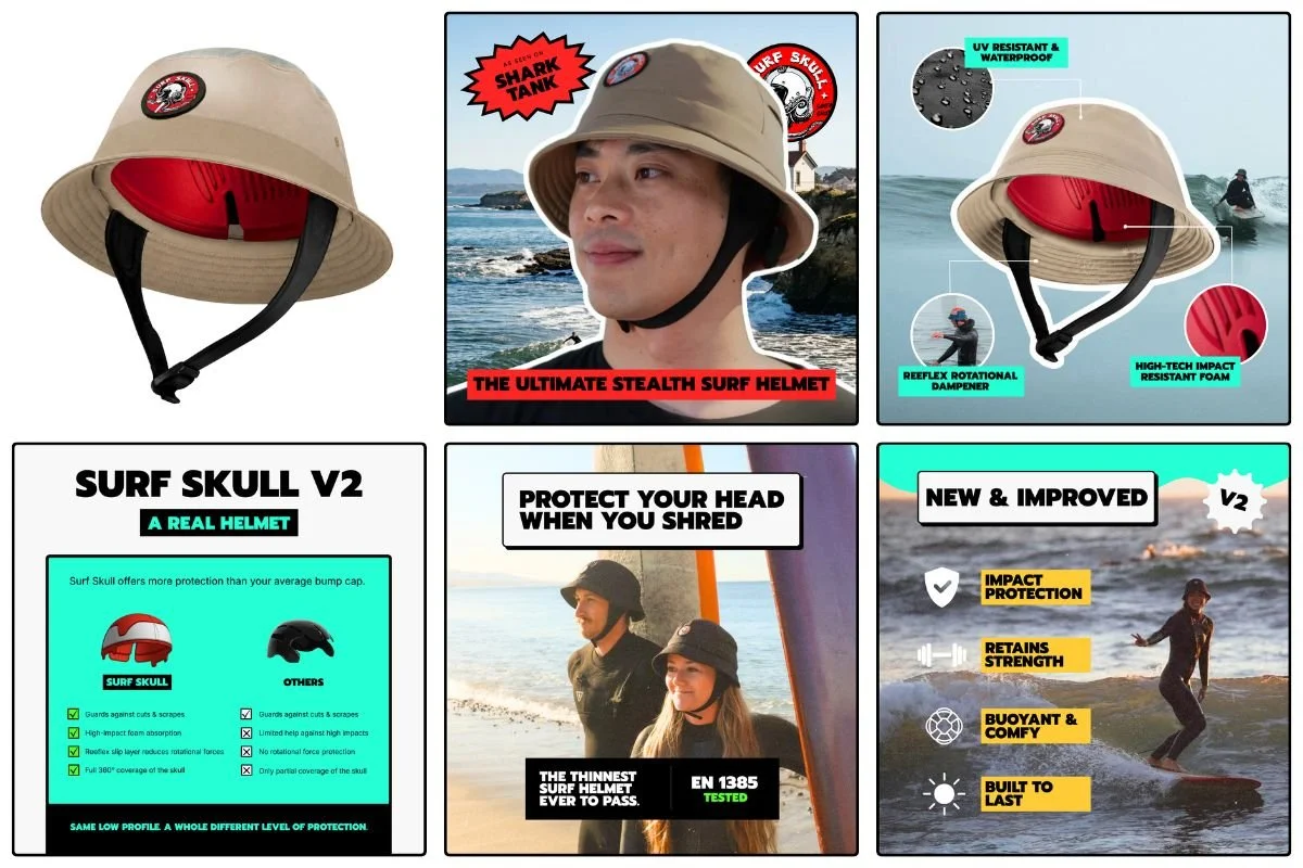 A collage of surf helmet advertisement images, featuring a tan surf skull V2 helmet with red interior lining and black chin strap, a man wearing the helmet by the beach, close-up details of the helmet's features such as water resistance, diffusing da