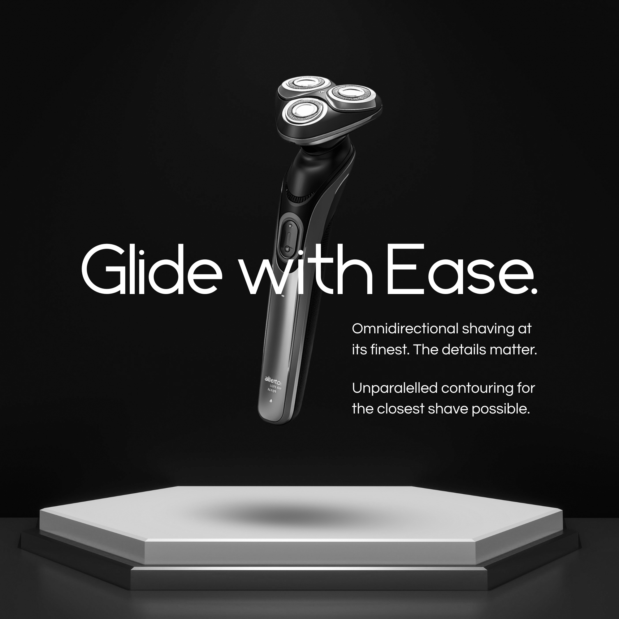 An electric shaver displayed on a white platform with a black background, emphasizing its sleek design and features.