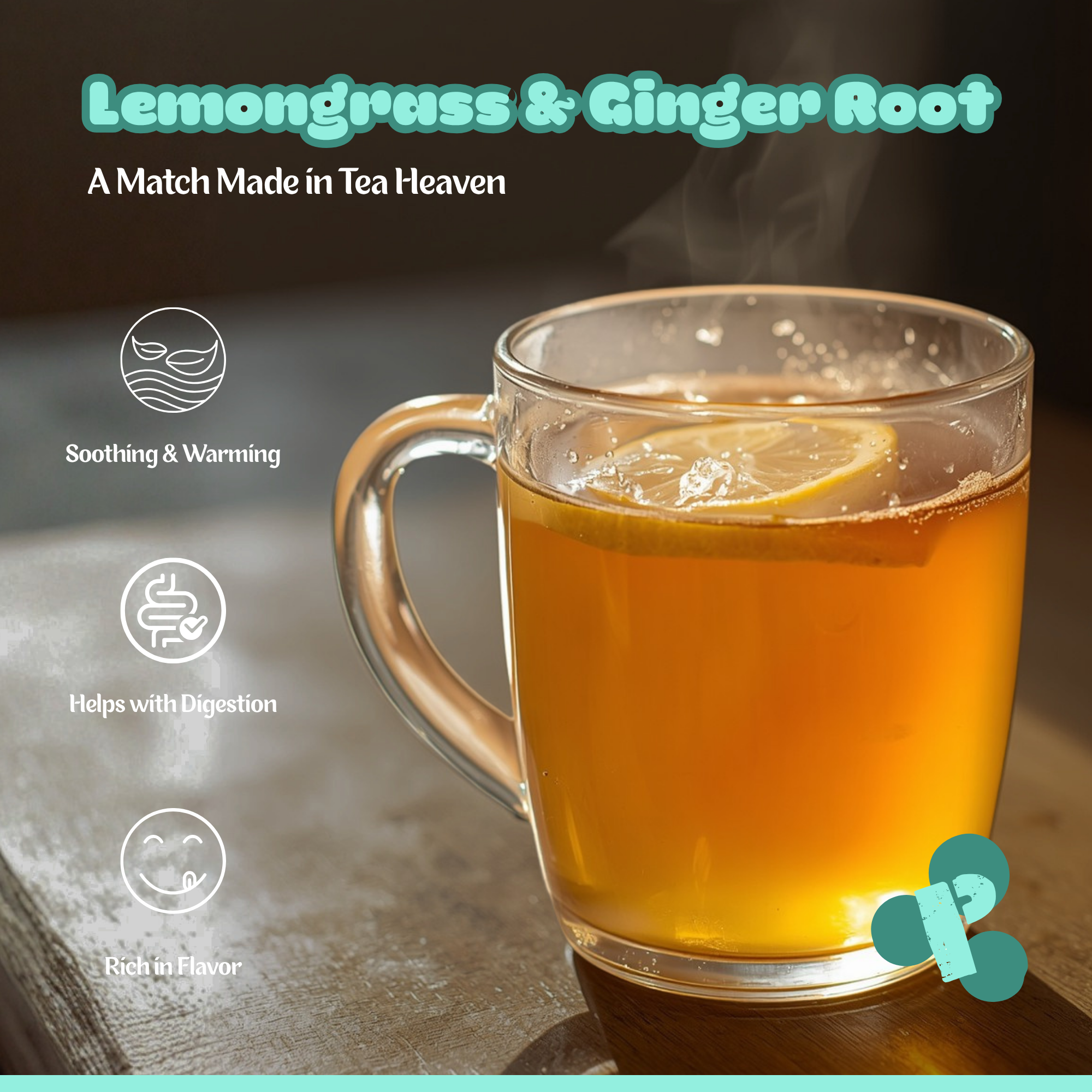 Close-up of a steaming glass mug filled with tea, lemon slices, and herbs, on a wooden surface with a textured background.
