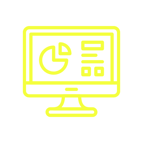 Neon yellow icon of a computer monitor displaying a pie chart and bar graphs on a black background.