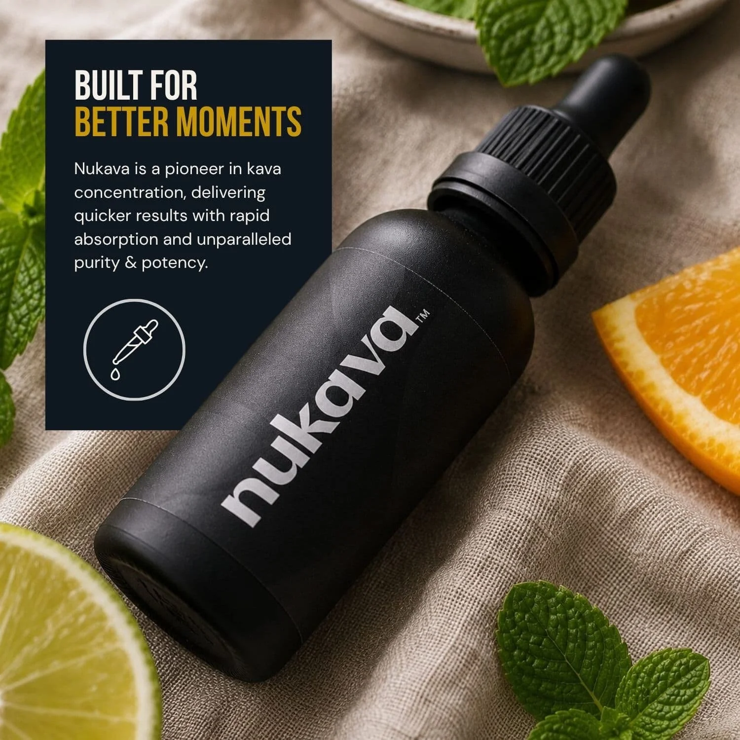 A black bottle labeled Nukava lying on a beige textured cloth, surrounded by lemon slices and fresh mint leaves.