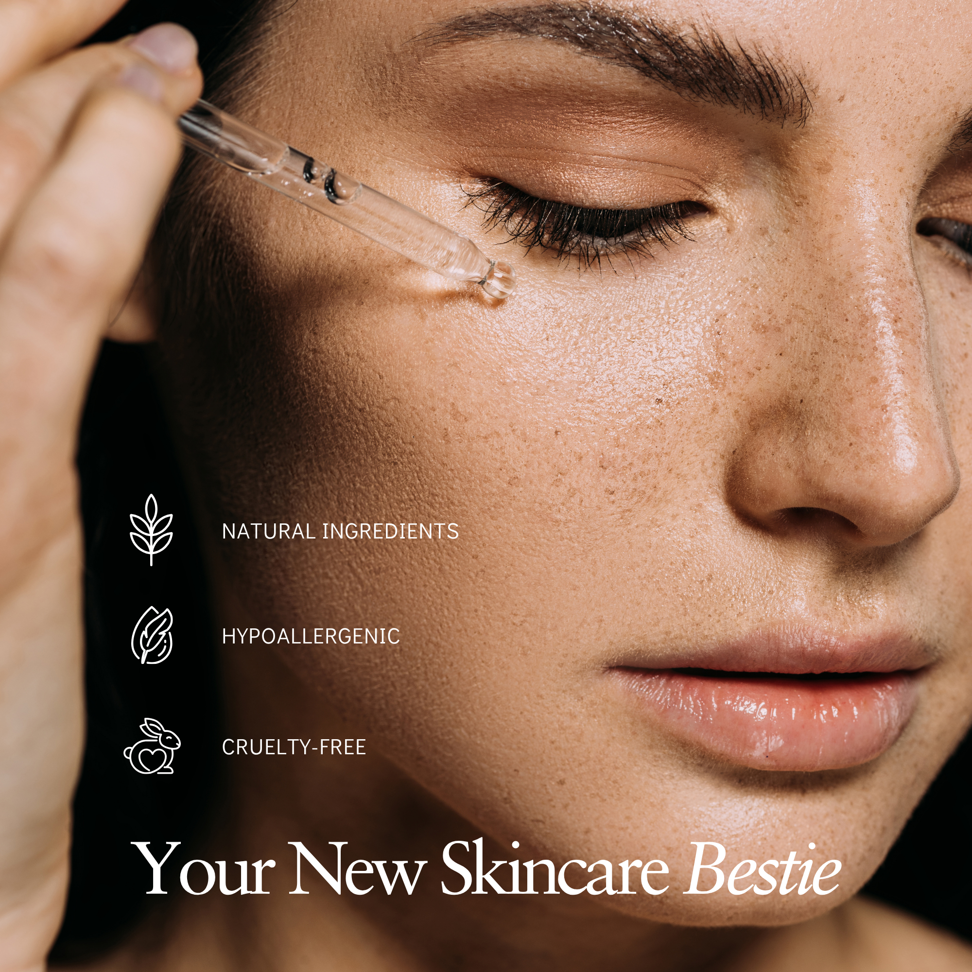 Close-up of a person's face with eyes closed, applying skin serum with a dropper. The skin appears clear, hydrated, and free of cruelty and allergens, emphasizing natural ingredients and cruelty-free skincare.