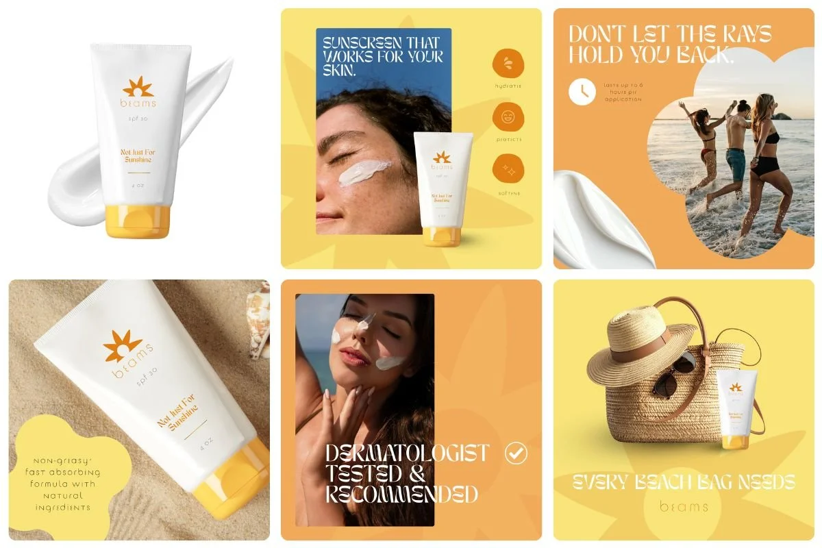 Collage of six images featuring a beach sunscreen product. The images include a tube of sunscreen, a woman applying it, a group of people running on the beach, a woman with sunscreen on her face, a beach bag with sunscreen and accessories, and promot