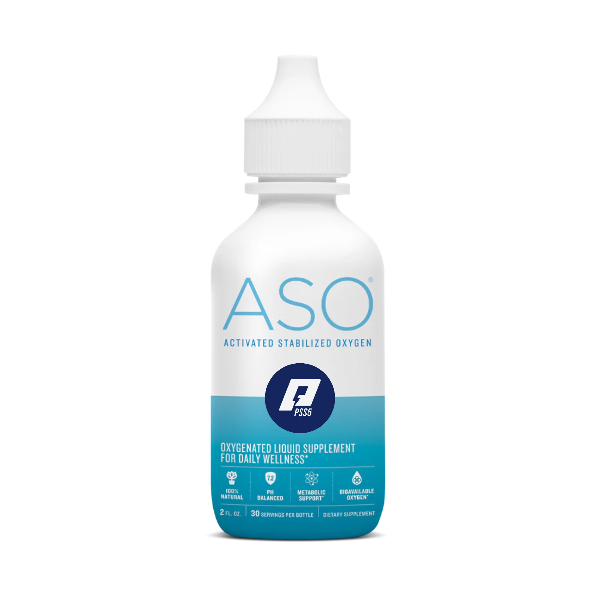 Bottle of ASO Activated Stabilized Oxygen supplement with blue and white label, featuring icons indicating natural ingredients, pH balance, metabolic support, and bioavailable oxygen.